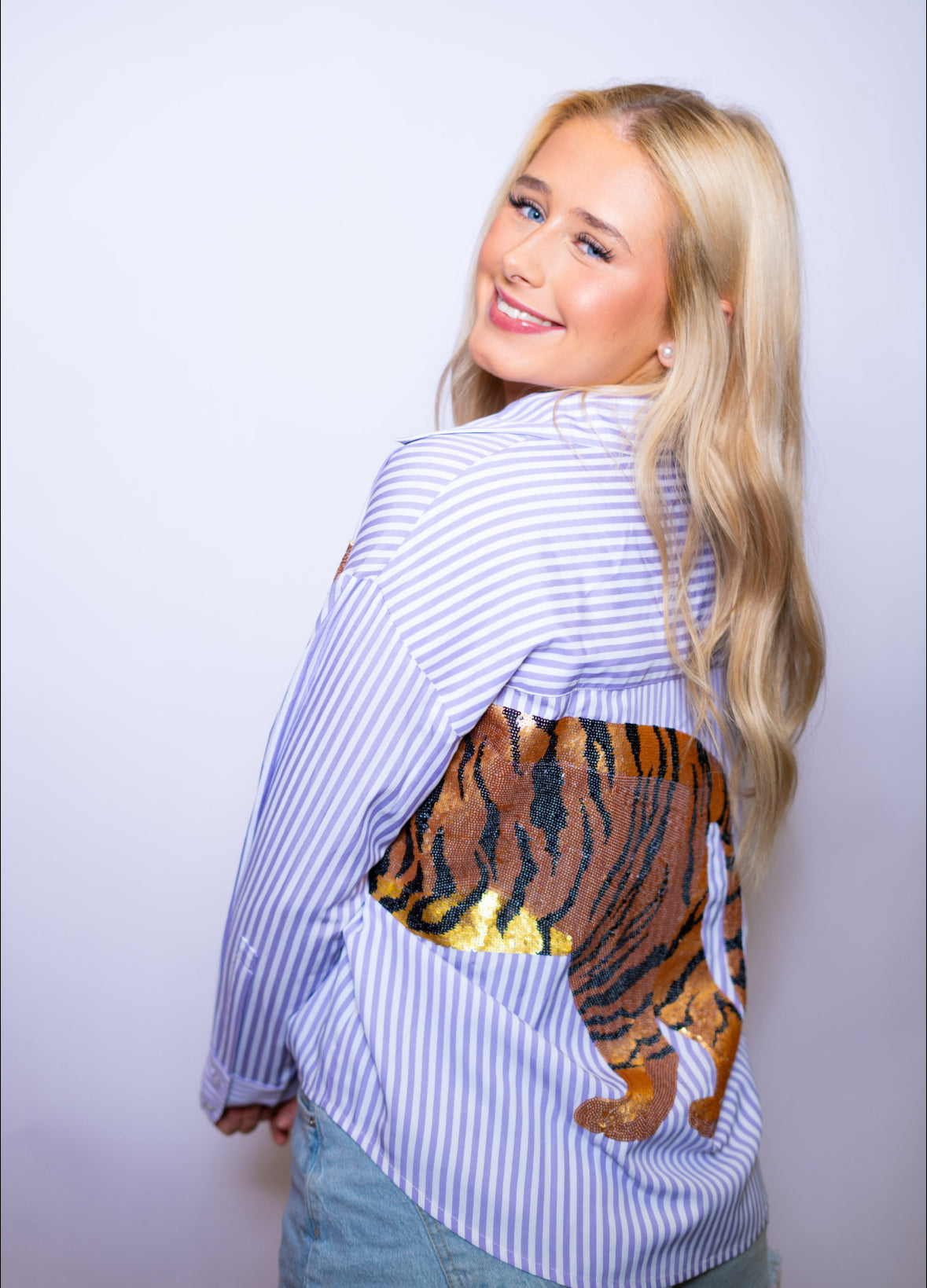 Women's Purple Striped Button Down Sequin Tiger Shirt