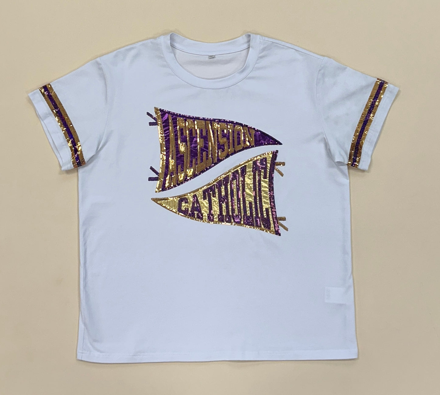 Ascension Catholic Pennant | Women's Sequin Design Tee (White)