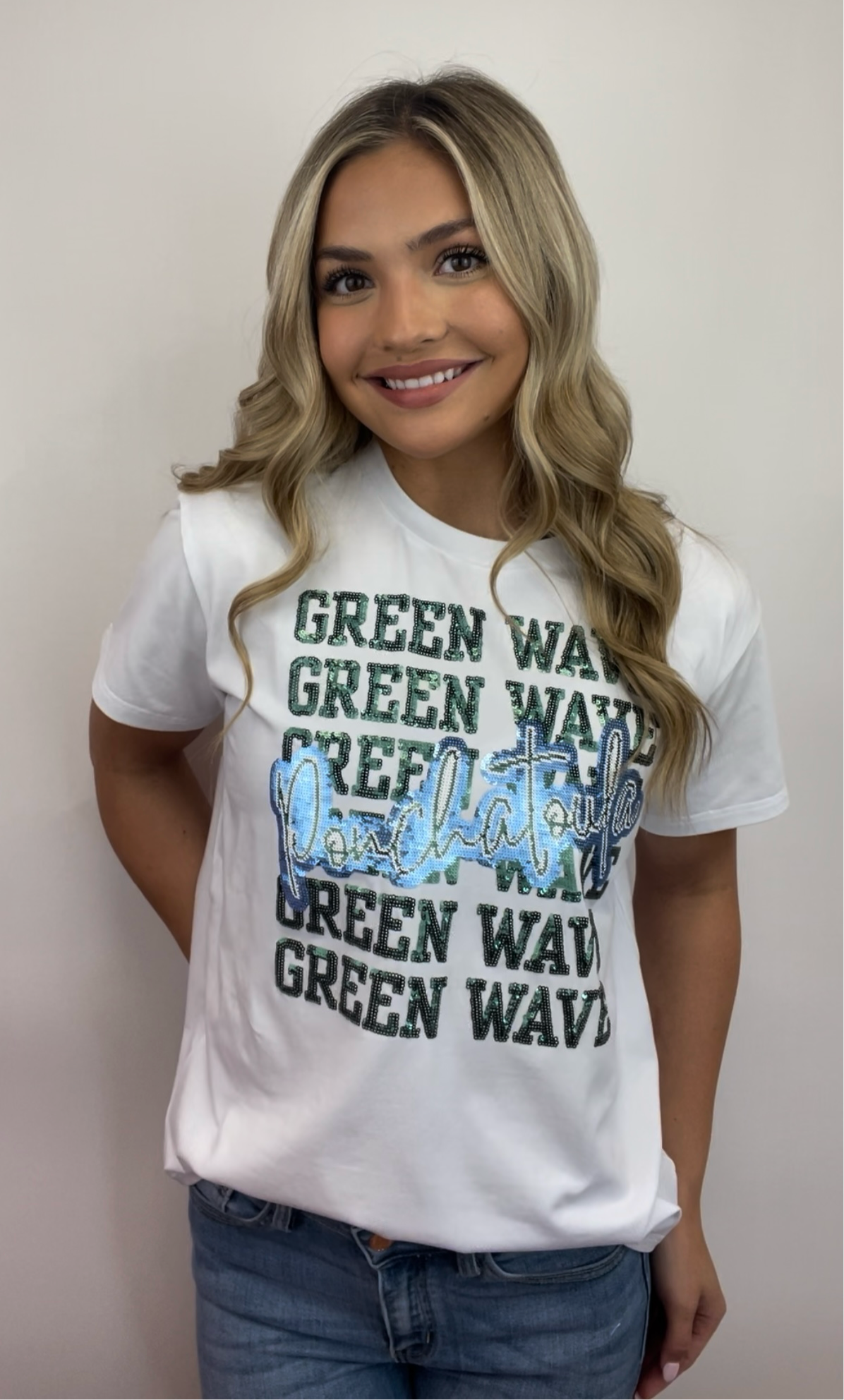 Ponchatoula Green Wave | Women's Sequin Design Tee (White)