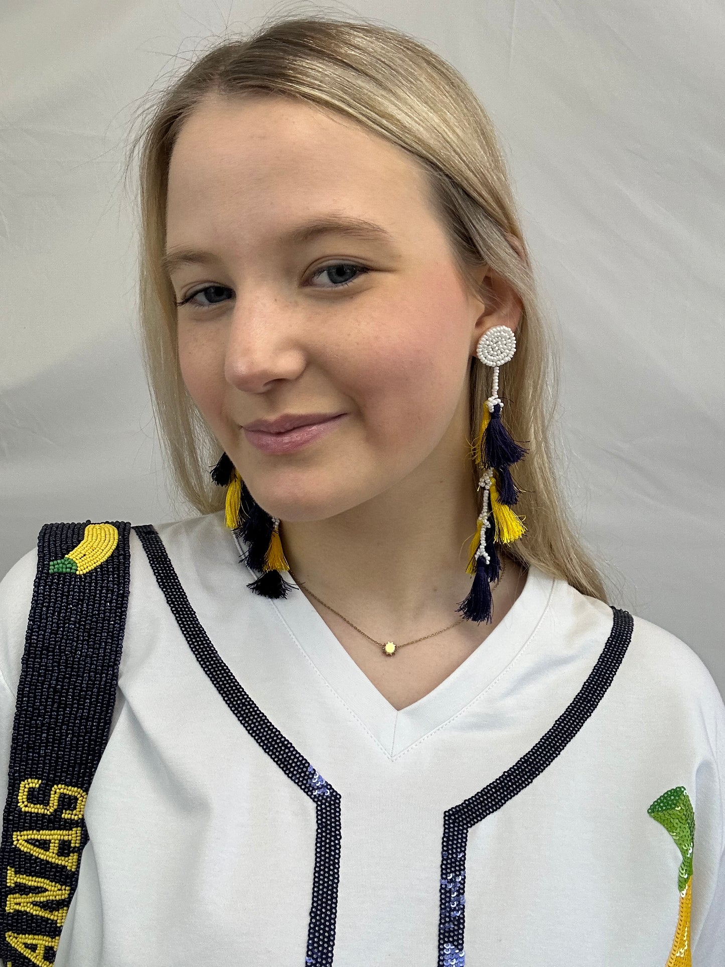 Navy-Yellow (Bananas) | Beaded Tassel Earrings