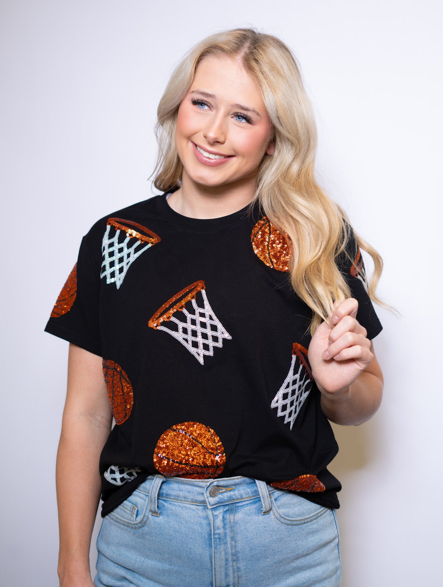 Scattered Basketball | Women's Sequin Design Tee (Black)