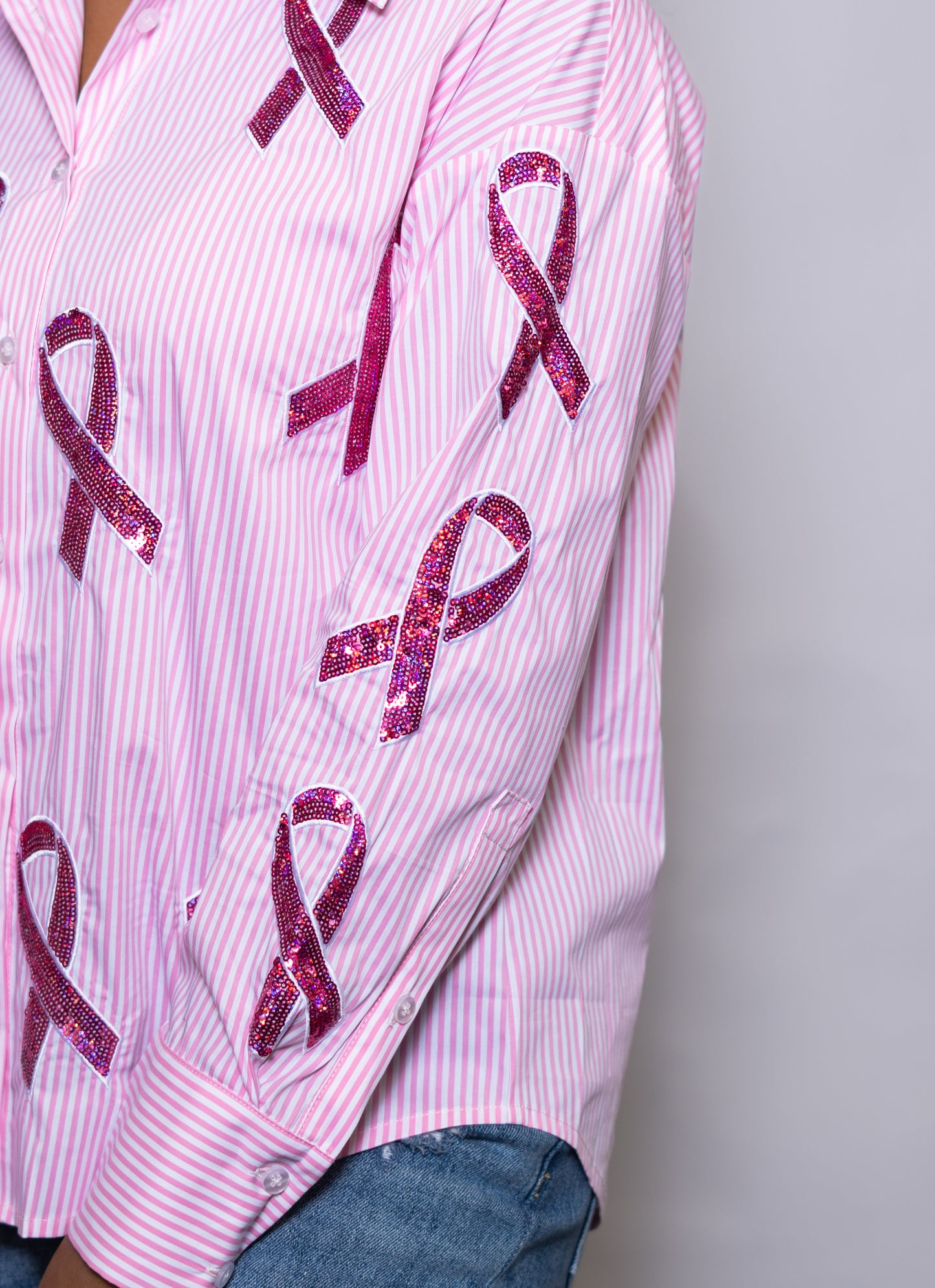 **PRE-ORDER ONLY** Wholesale | Breast Cancer Ribbons | Women's Pink Striped Button Down Sequin Design