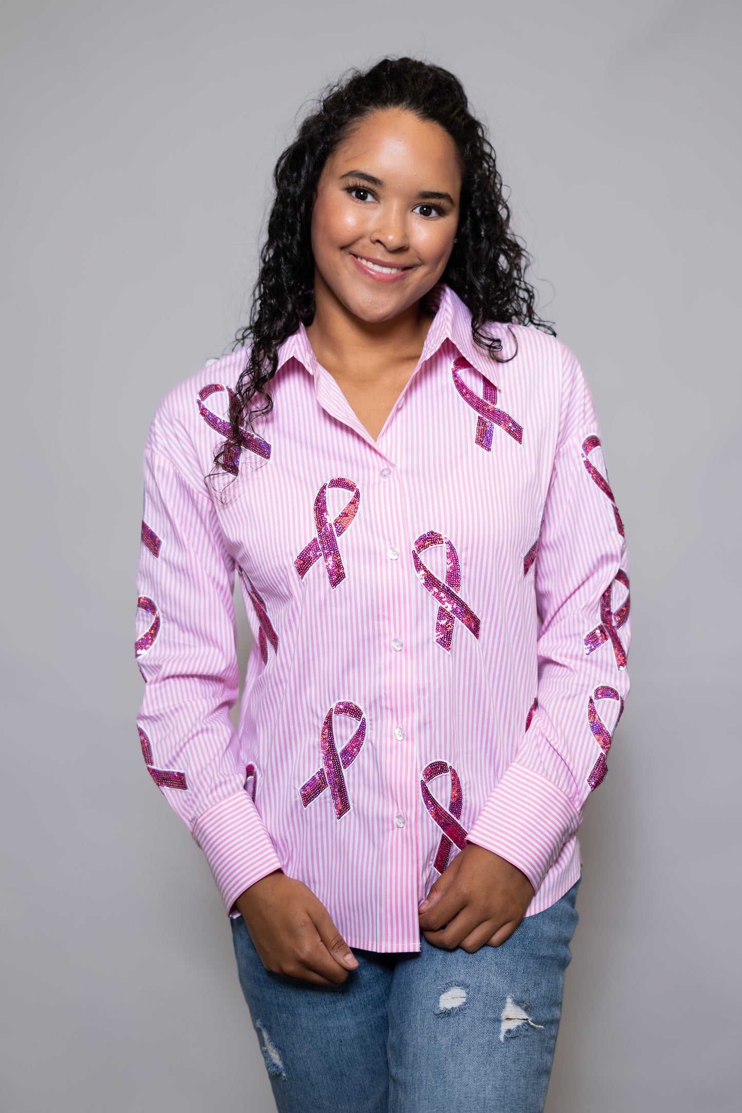 **PRE-ORDER ONLY** Wholesale | Breast Cancer Ribbons | Women's Pink Striped Button Down Sequin Design
