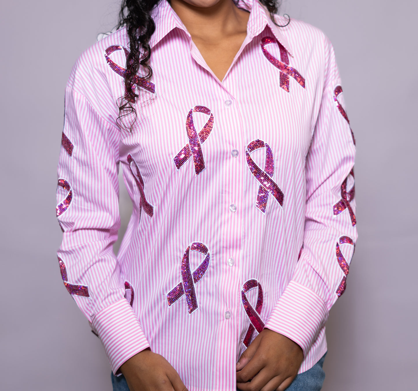 **PRE-ORDER ONLY** Wholesale | Breast Cancer Ribbons | Women's Pink Striped Button Down Sequin Design