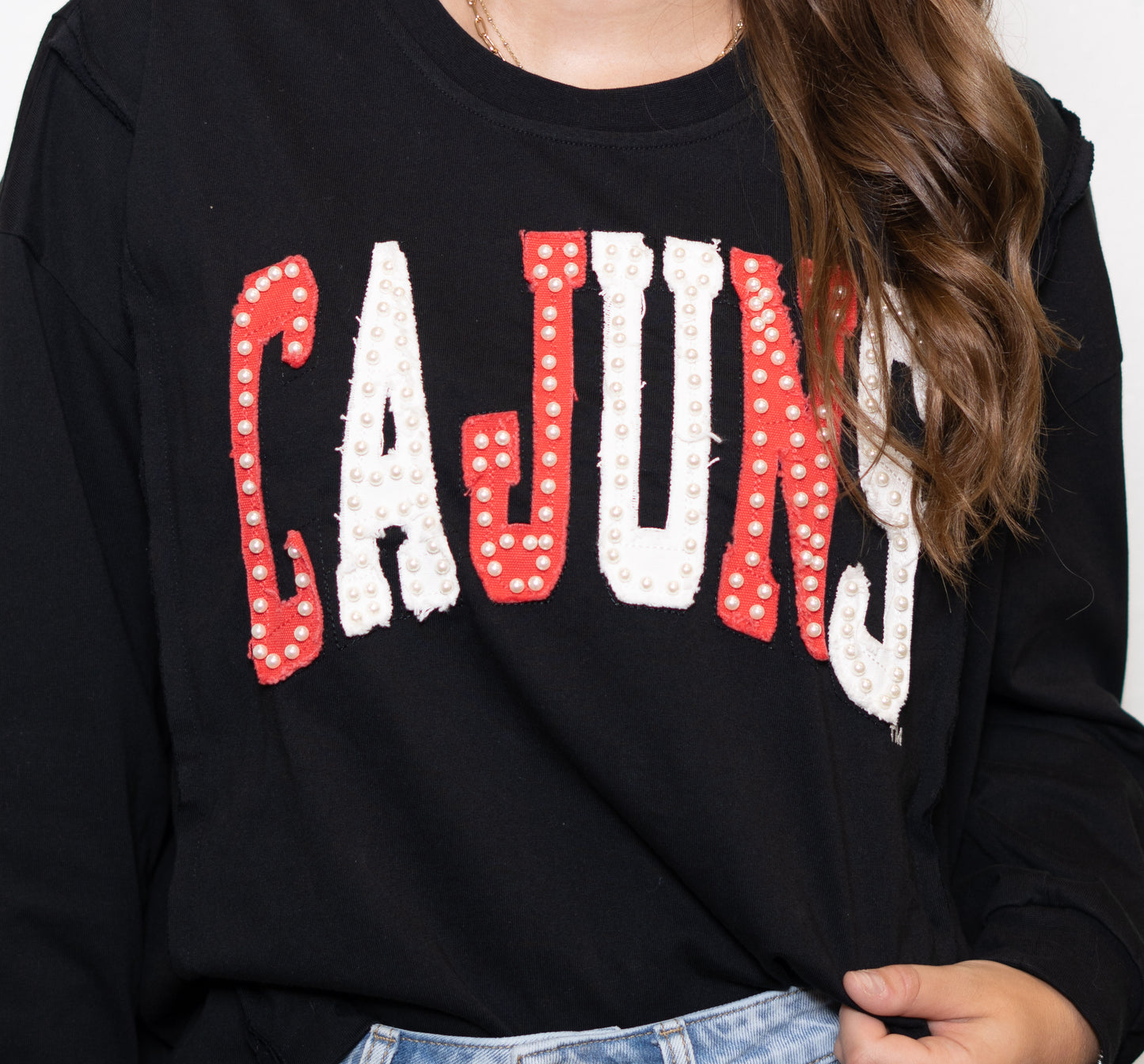 Cajuns (Licensed) | Women's Distressed Embroidery Pullover (Black)