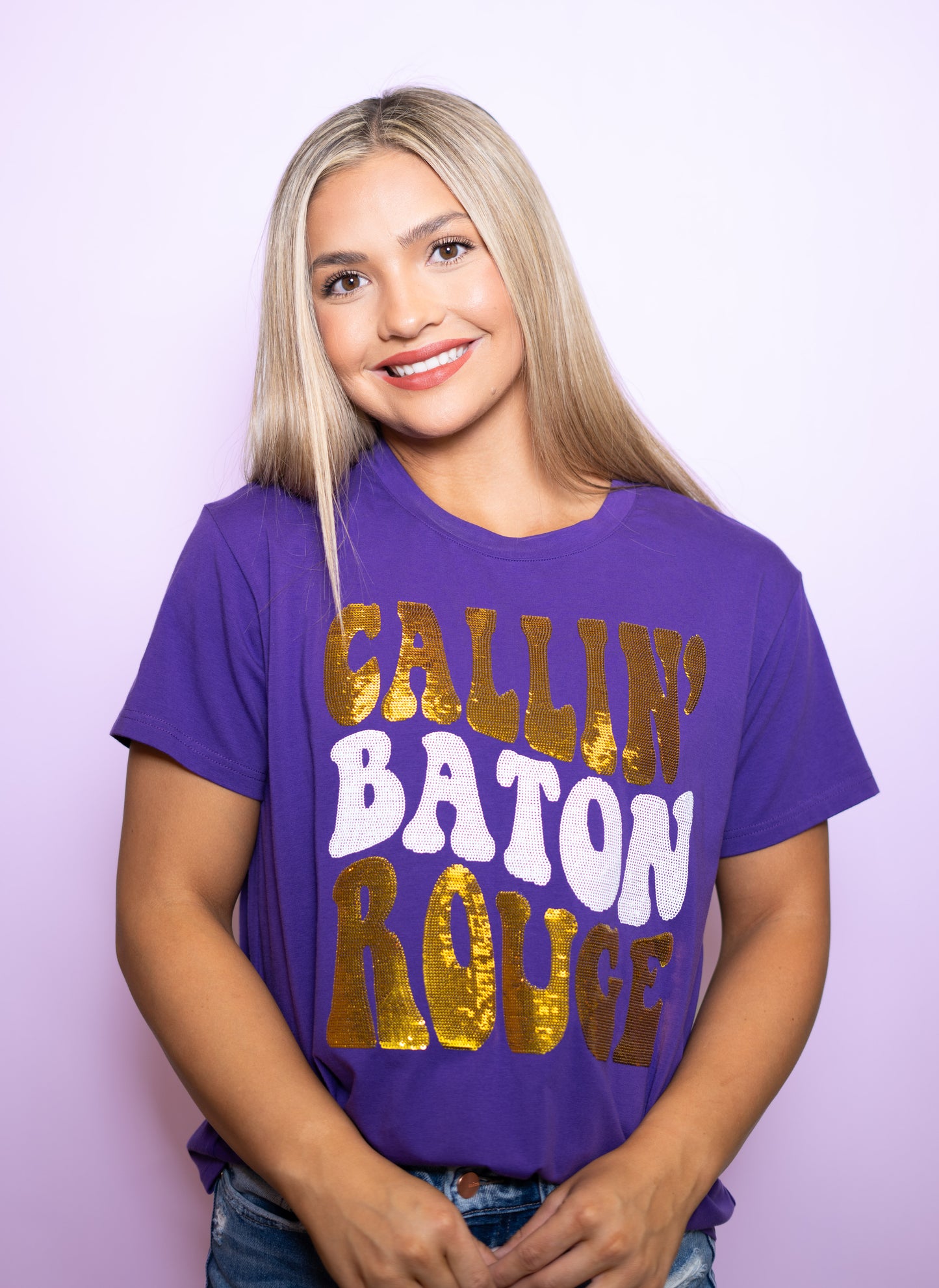 **PRE-ORDER ONLY** Callin' Baton Rouge | Women's Sequin Tee (Purple)