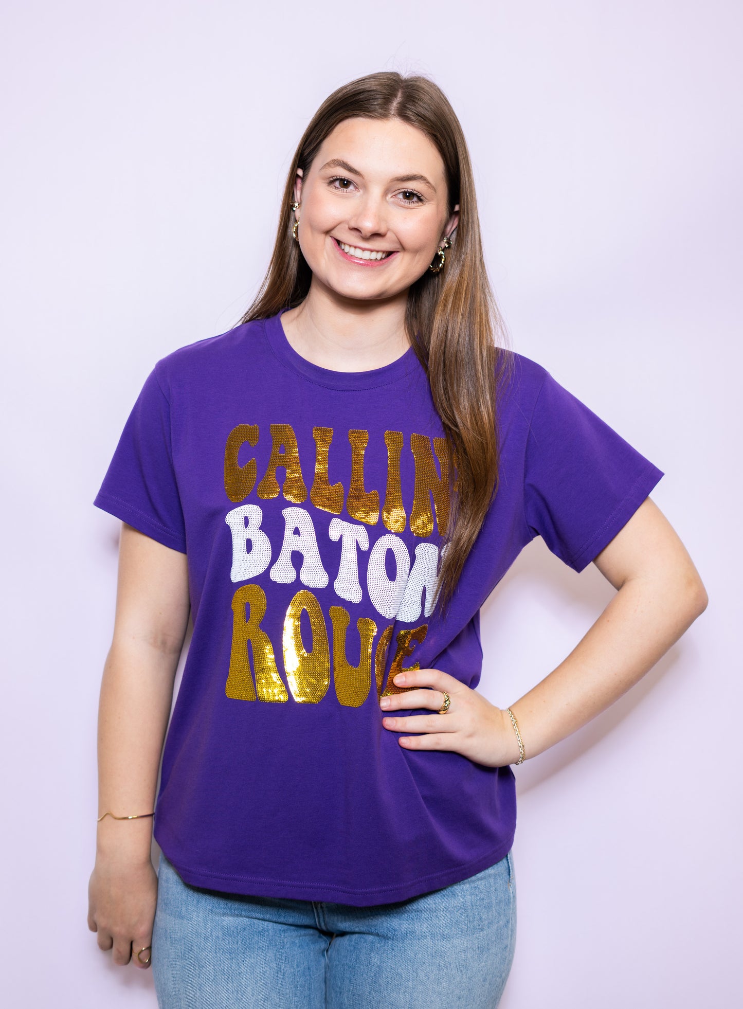 **PRE-ORDER ONLY** Callin' Baton Rouge | Women's Sequin Tee (Purple)