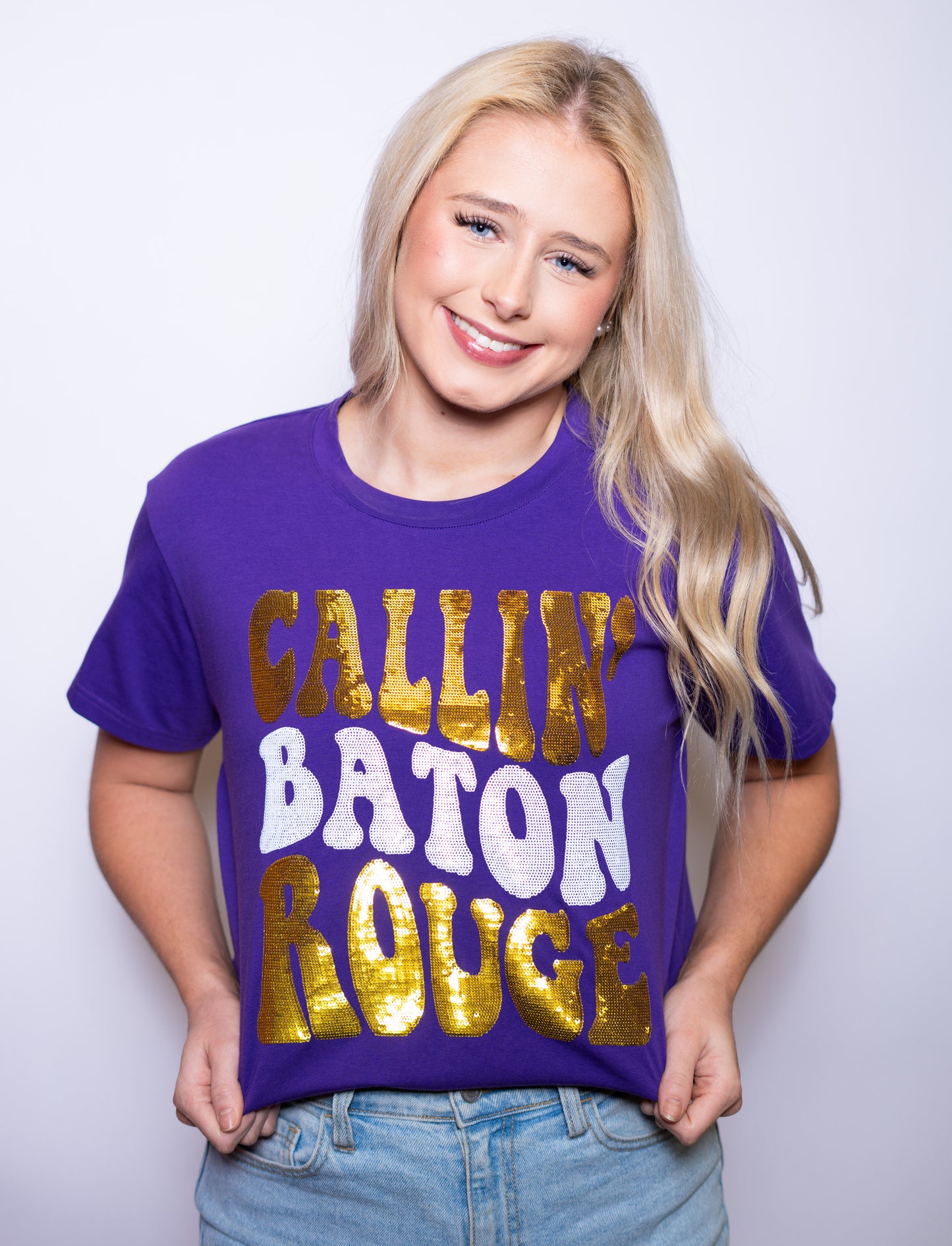 **PRE-ORDER ONLY** Callin' Baton Rouge | Women's Sequin Tee (Purple)