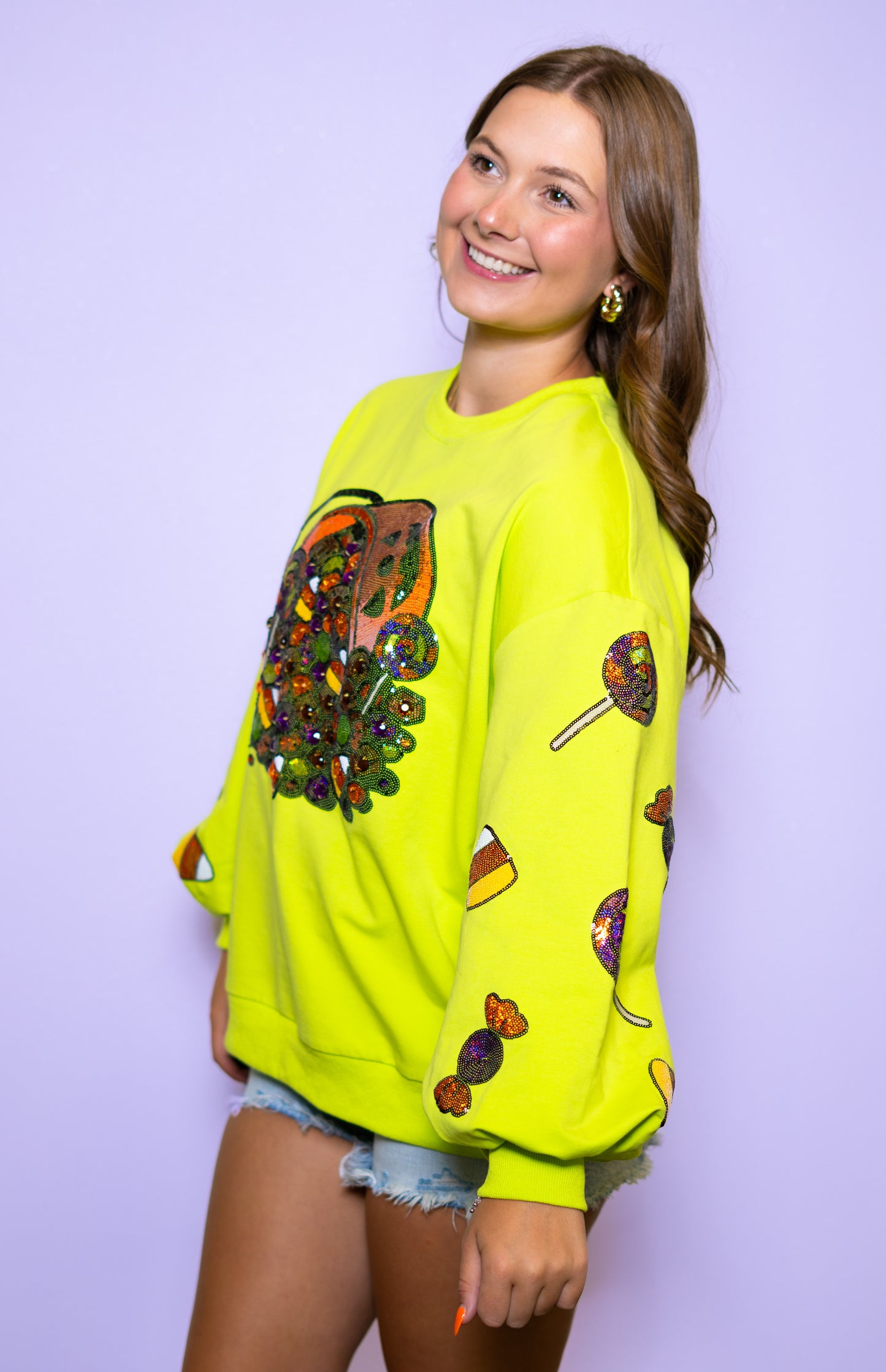 **PRE-ORDER ONLY** Halloween Candy Bucket | Women's Sequin Design Bishop Sleeve Sweatshirt (Lime Green)