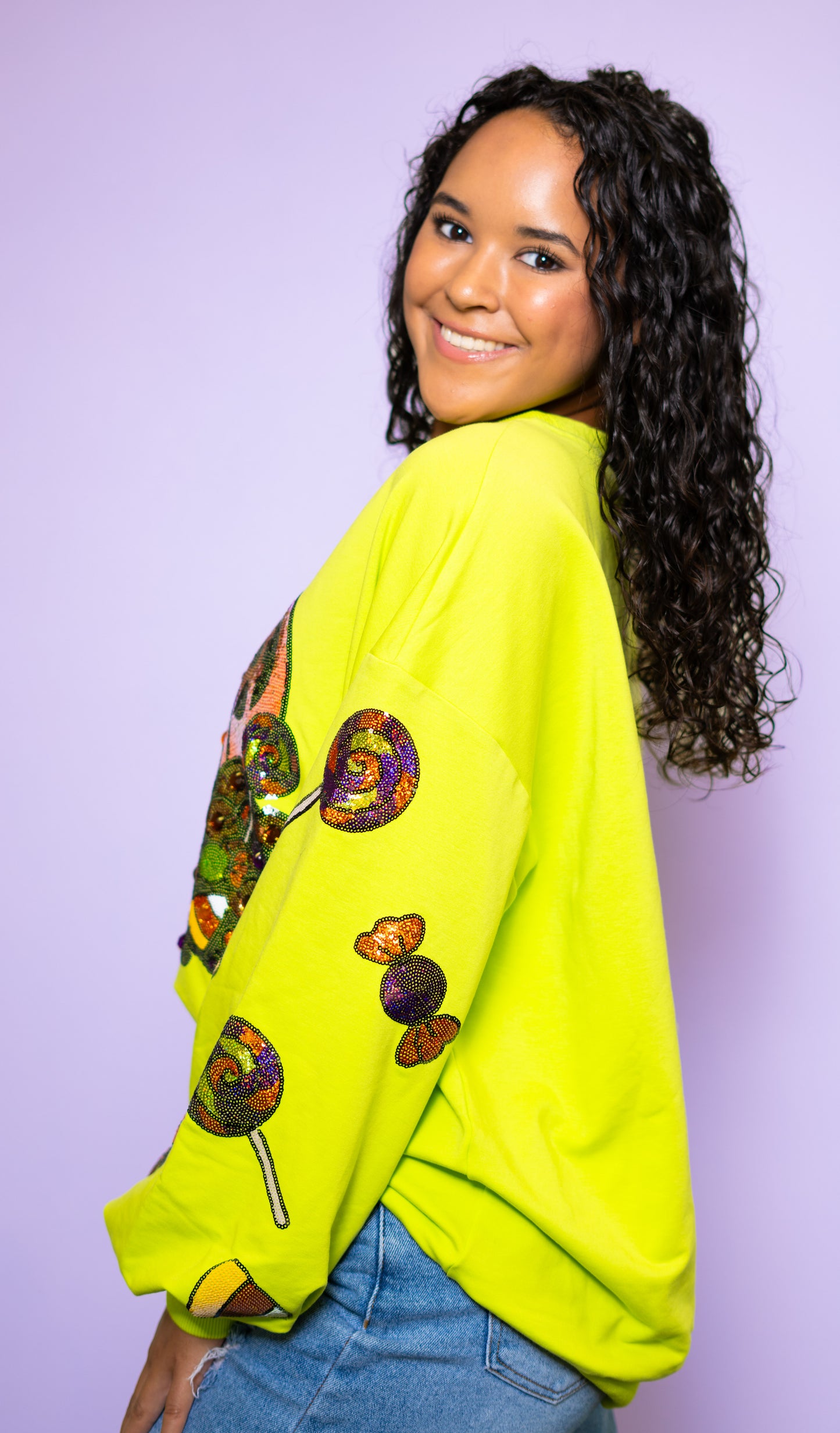 **PRE-ORDER ONLY** Halloween Candy Bucket | Women's Sequin Design Bishop Sleeve Sweatshirt (Lime Green)