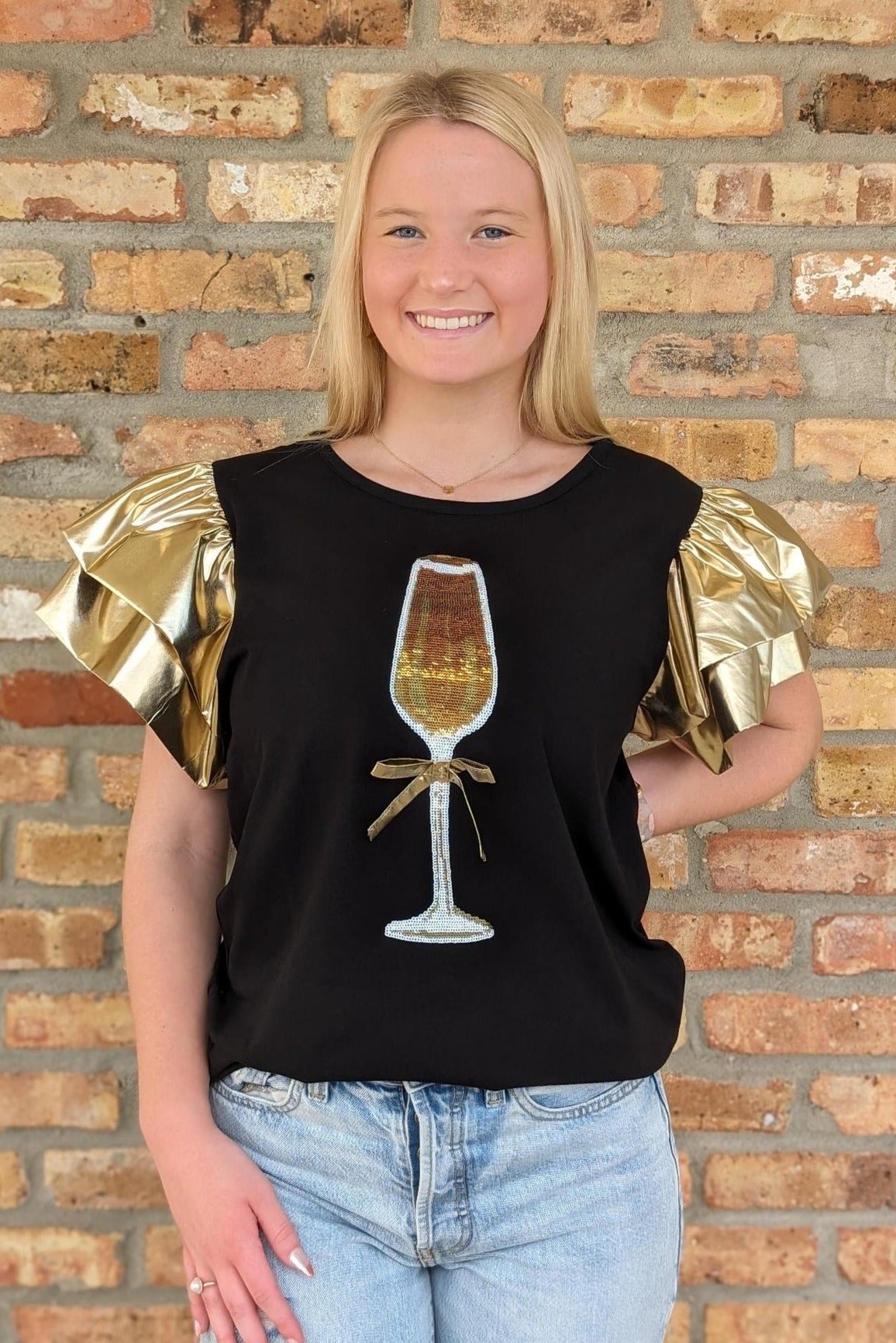 **PRE-ORDER ONLY** | Cheers | Women's Metallic Ruffle Sleeve Tee (Black)