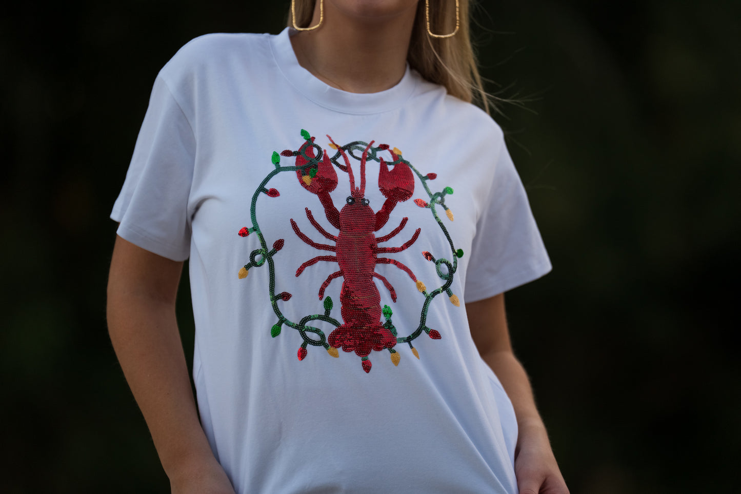Christmas Crawfish | Women's Sequin Design Tee (White)