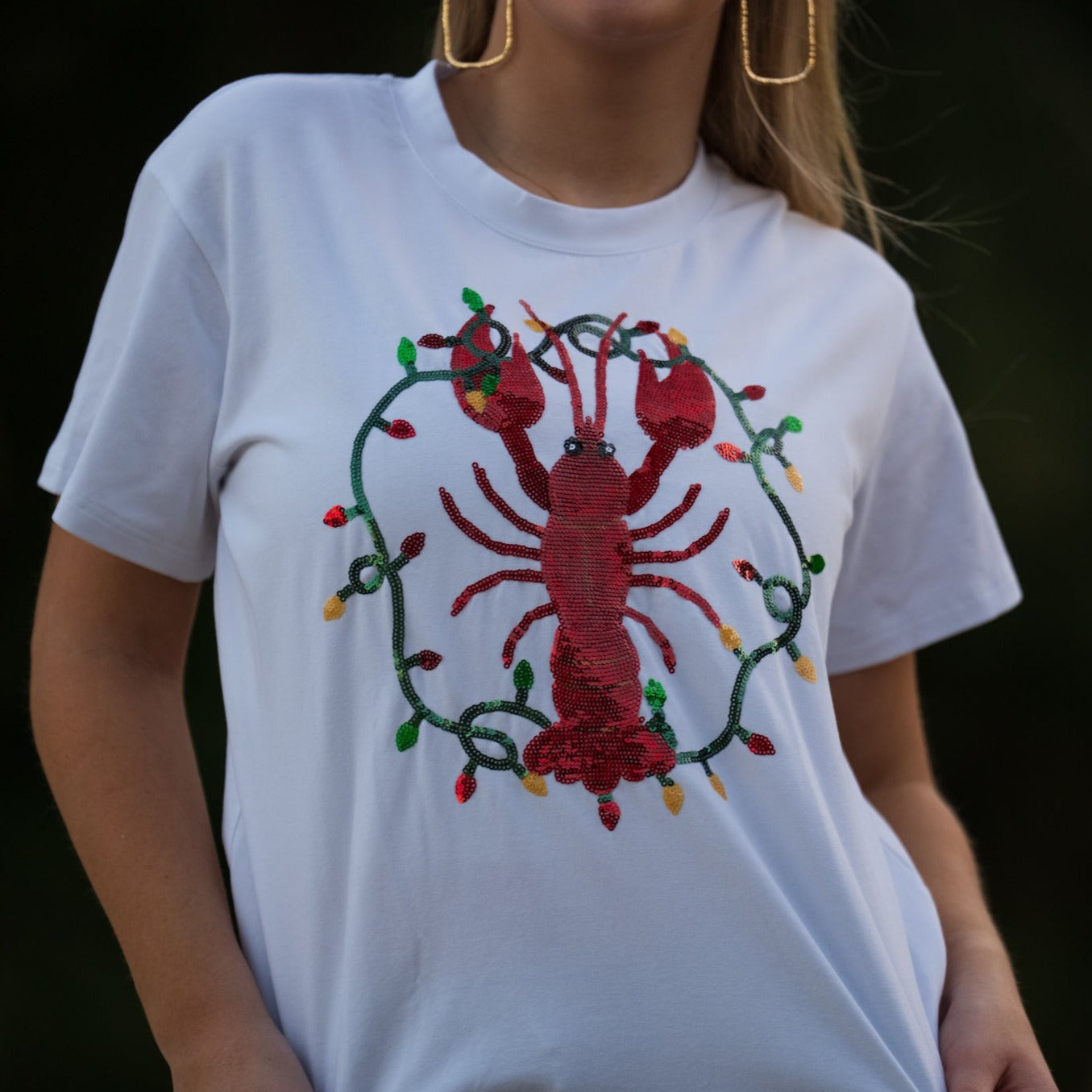 Christmas Crawfish | Women's Sequin Design Tee (White)