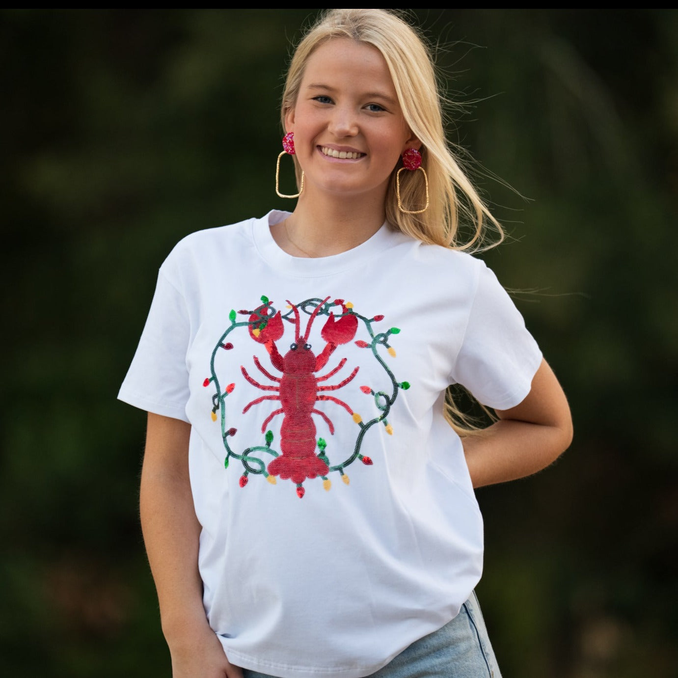 Christmas Crawfish | Women's Sequin Design Tee (White)
