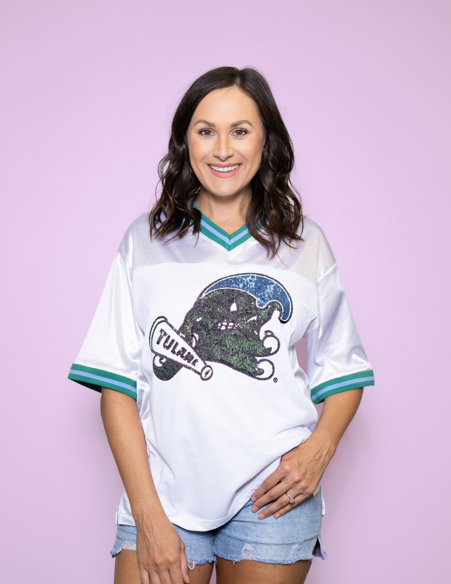 **PRE-ORDER ONLY** Wholesale | Tulane (Licensed) | Women's Sequin Design Football Jersey (White)