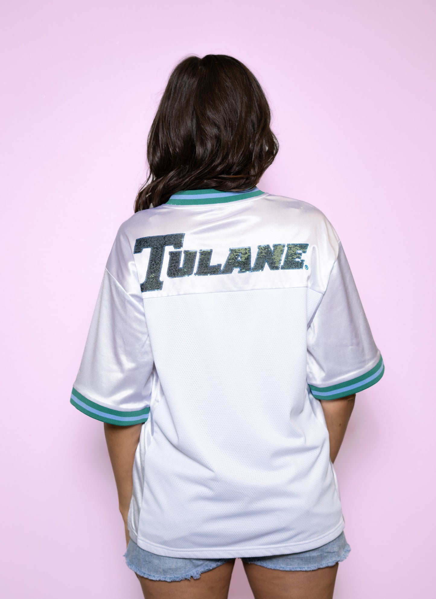 **PRE-ORDER ONLY** Wholesale | Tulane (Licensed) | Women's Sequin Design Football Jersey (White)