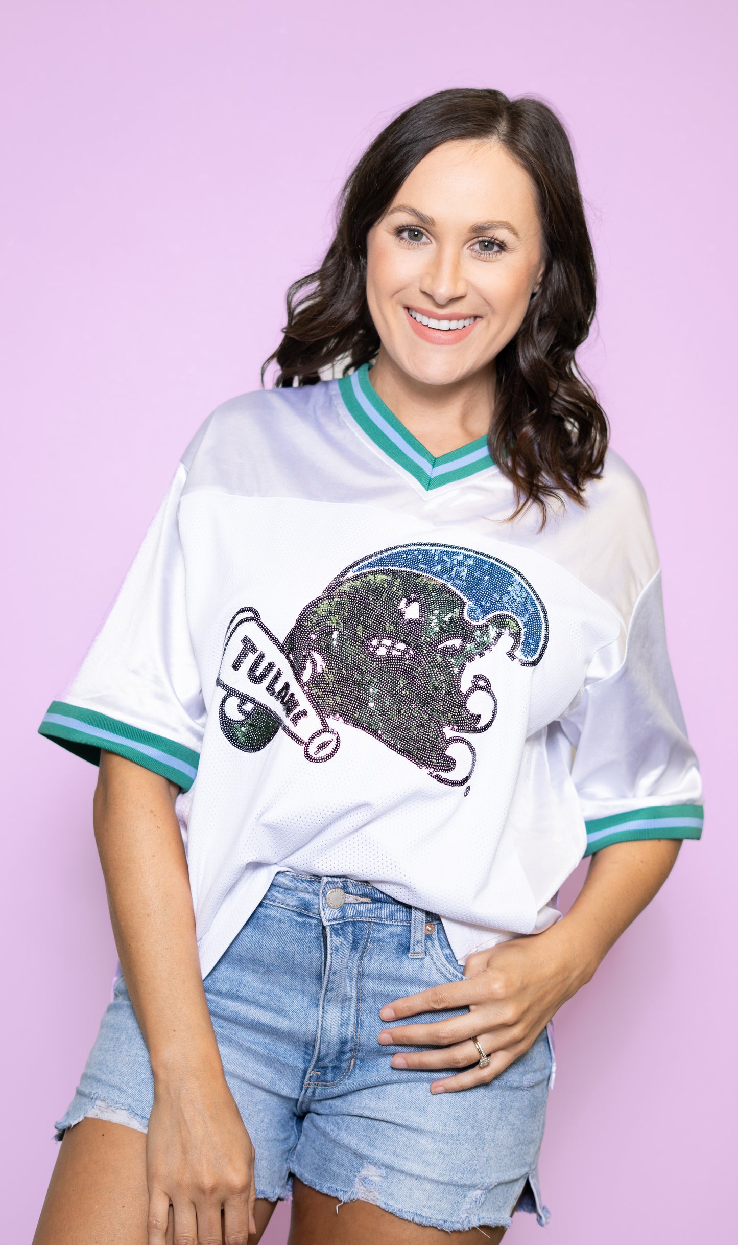 **PRE-ORDER ONLY** Wholesale | Tulane (Licensed) | Women's Sequin Design Football Jersey (White)
