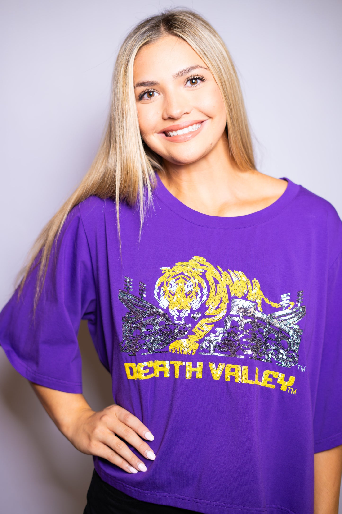 WHOLESALE | Mike Over Tiger Stadium LSU (LICENSED) | Women's Oversized Sequin Design (Purple)