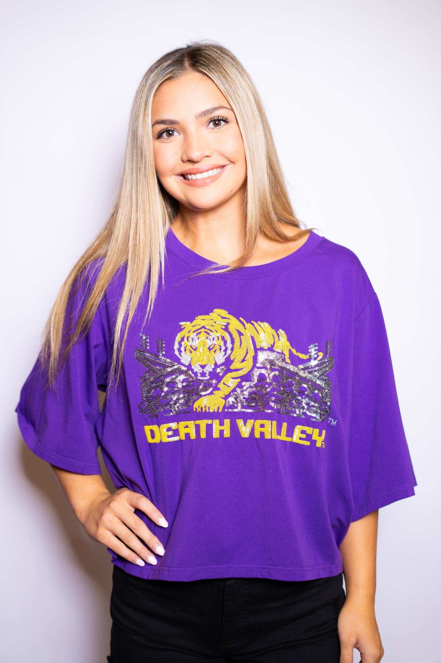 Mike Over Tiger Stadium LSU (LICENSED) | Women's Oversized Sequin Design Tee (Purple)