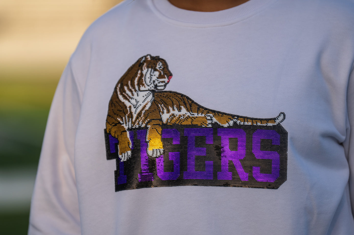 Lazy Tiger | Women's French Terry Sequin Design Sweatshirt (White)