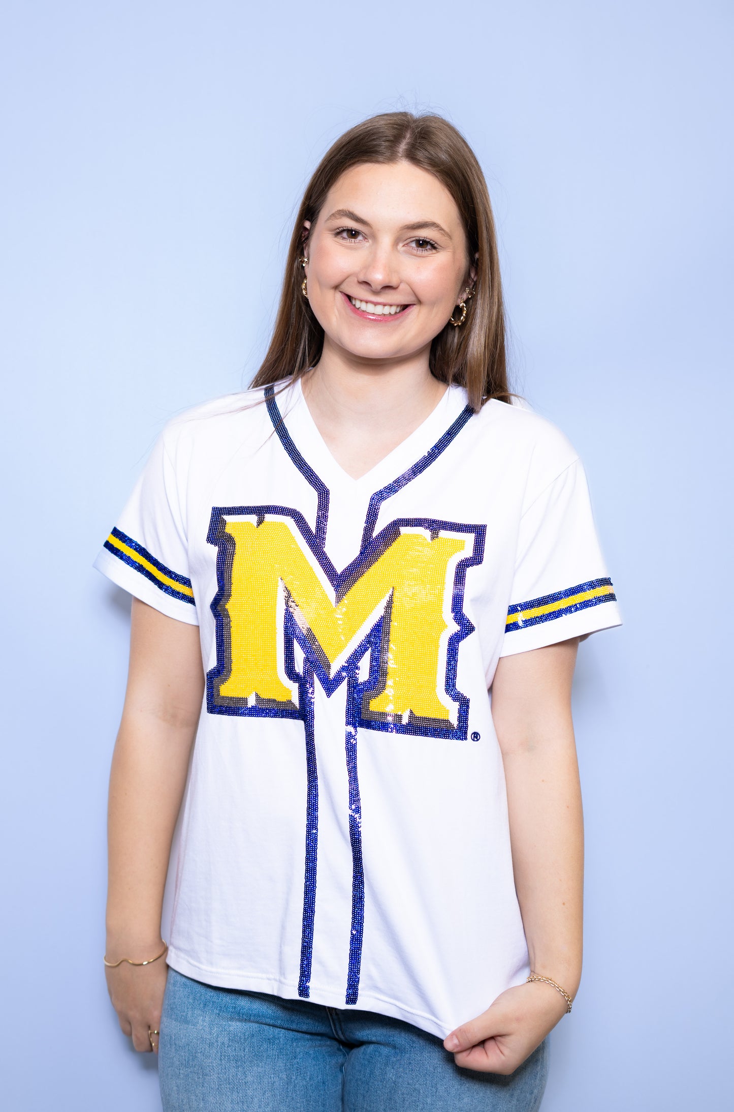 McNeese Geaux Pokes (Licensed) | Women's Sequin Design Baseball Jersey Tee (White)