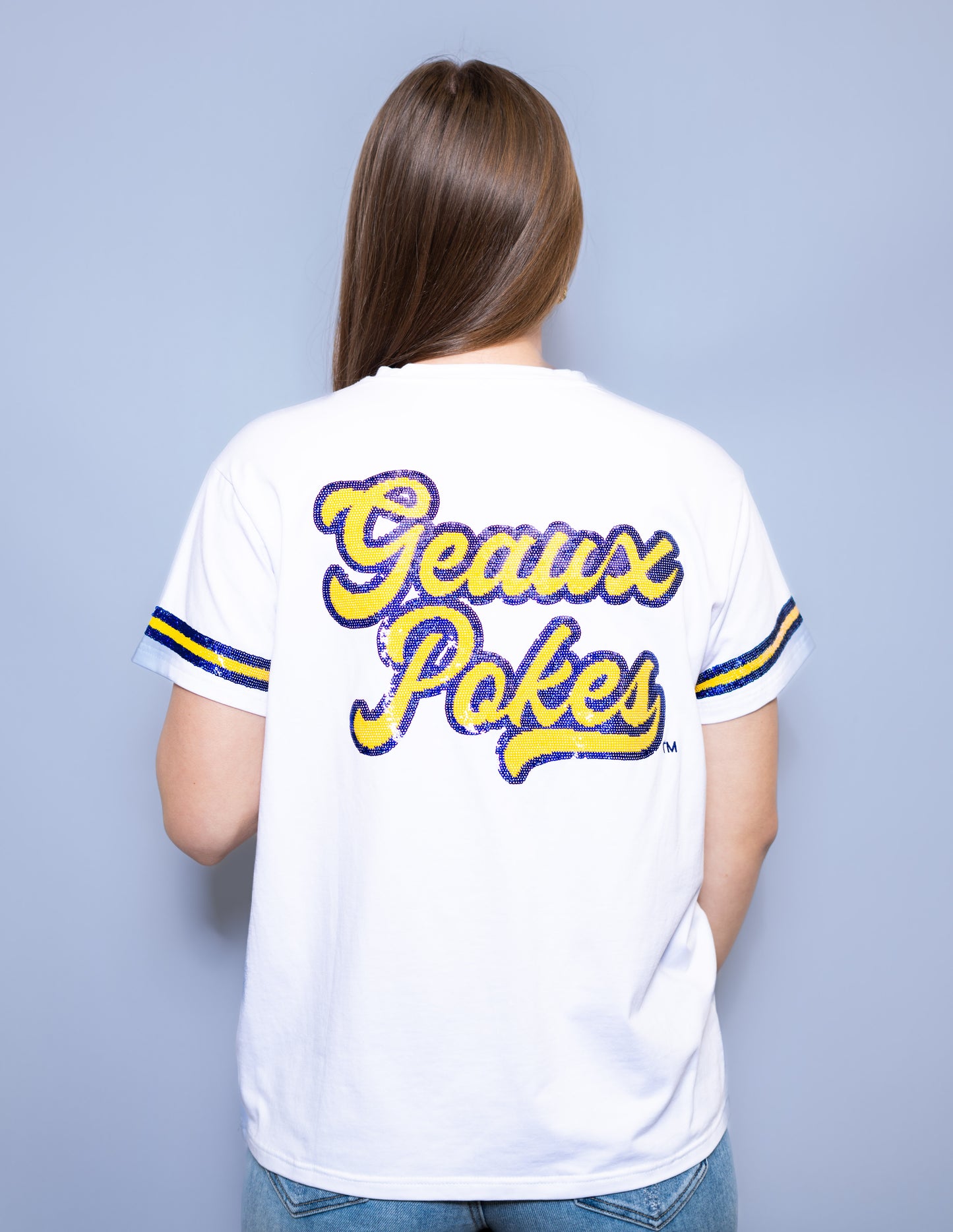 McNeese Geaux Pokes (Licensed) | Women's Sequin Design Baseball Jersey Tee (White)