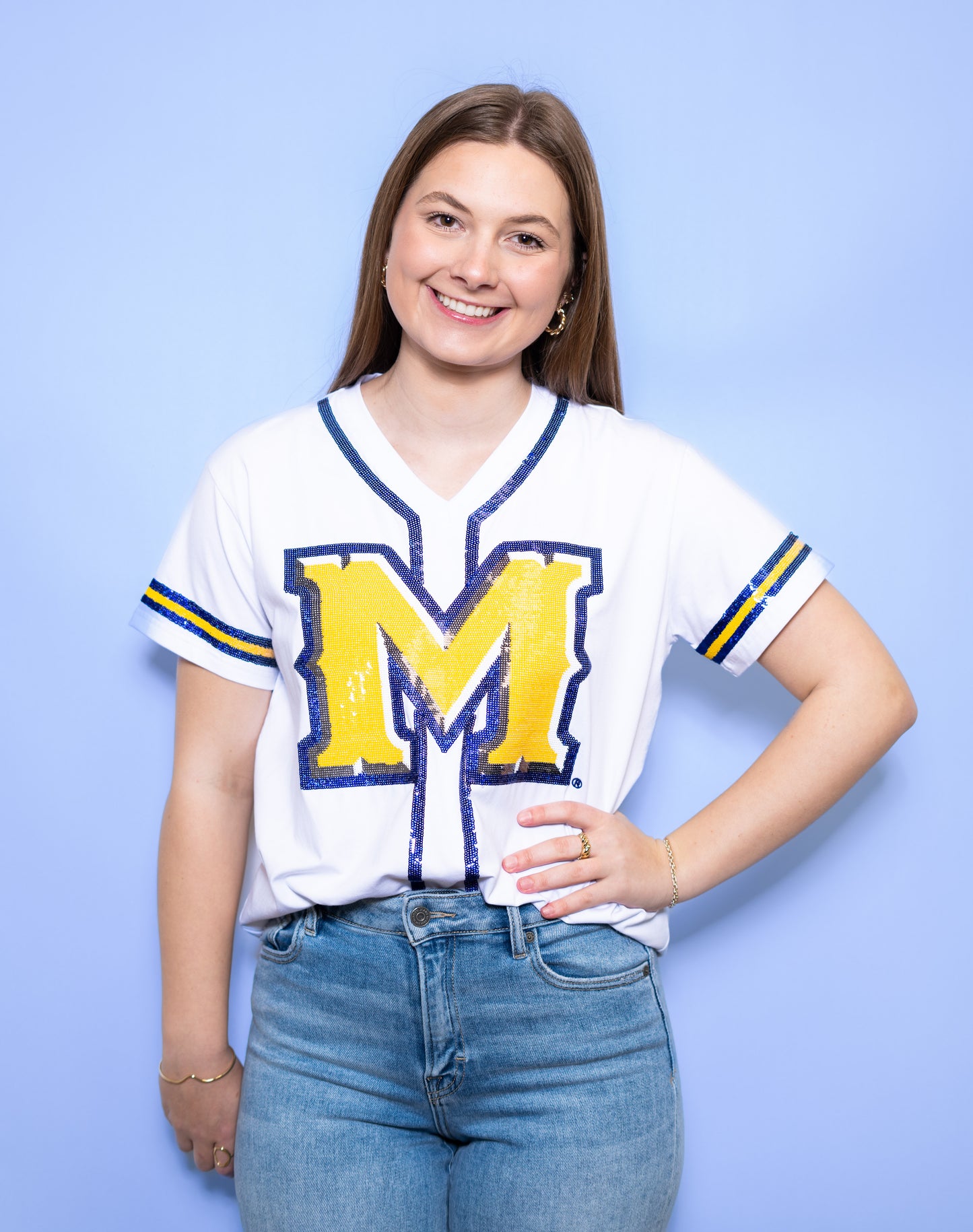 McNeese Geaux Pokes (Licensed) | Women's Sequin Design Baseball Jersey Tee (White)