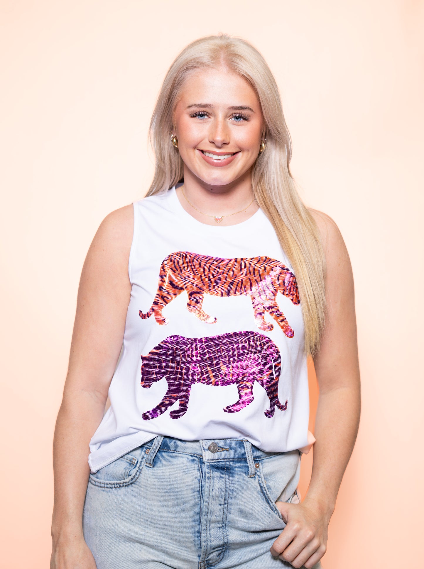 Purple & Orange Double Trouble Tiger | Women's Sequin Tank (White)
