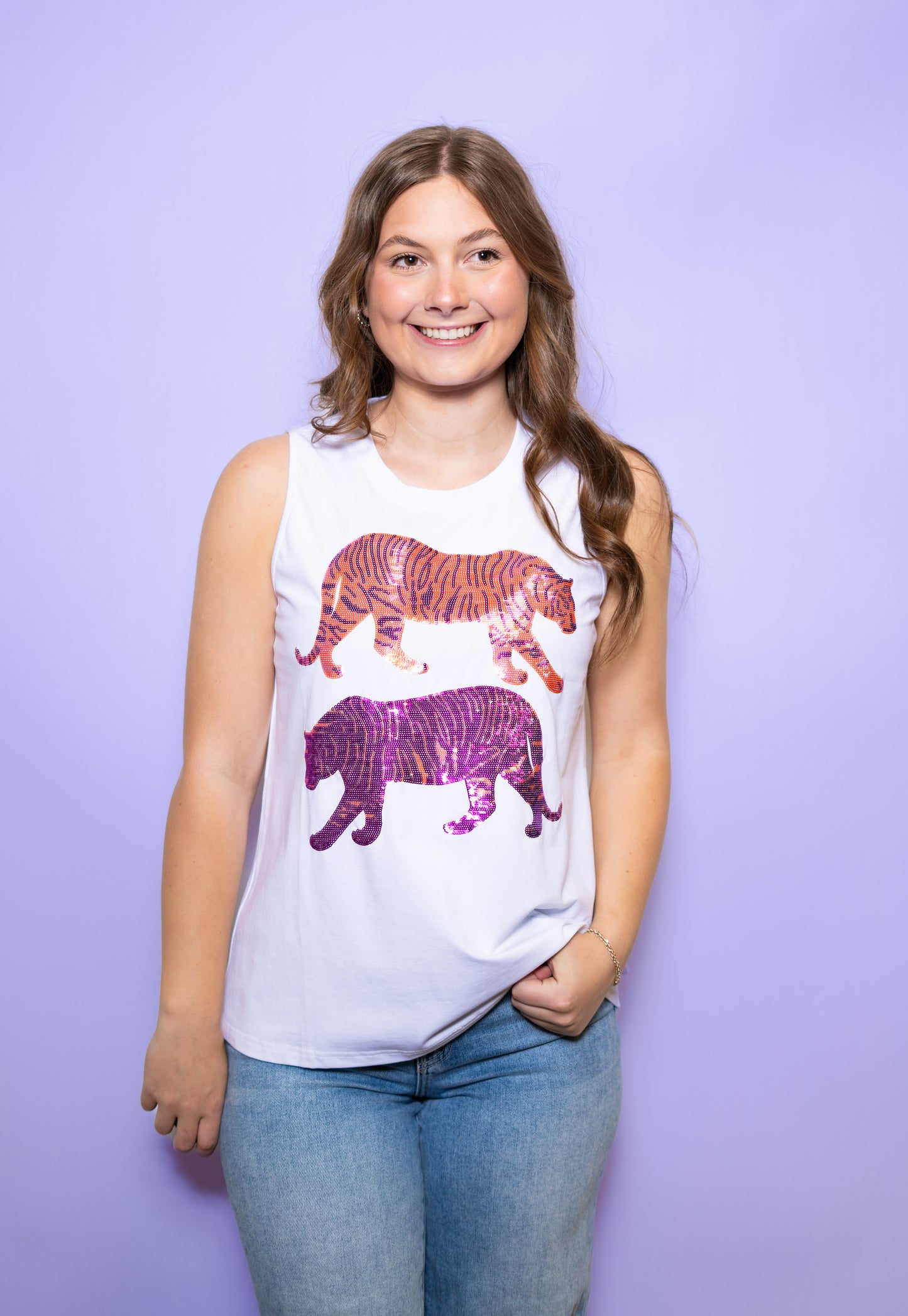 Purple & Orange Double Trouble Tiger | Women's Sequin Tank (White)