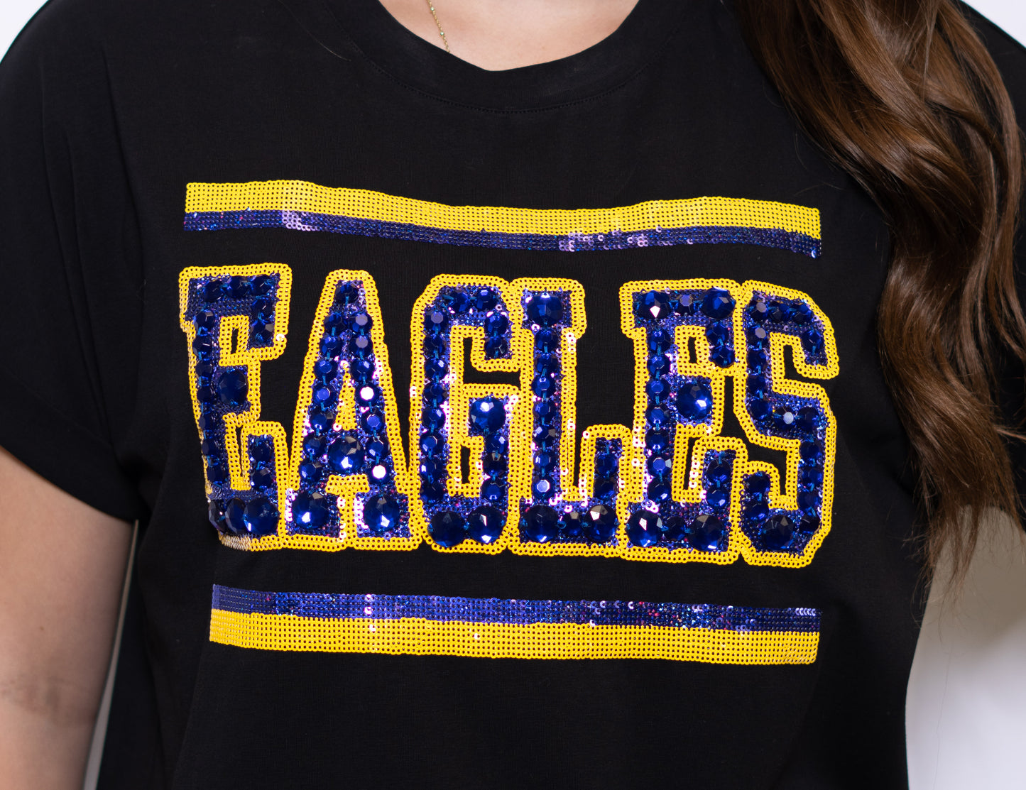 Jeweled Eagles | Women's Sequin + Jewel Design Cuff Sleeve Tee (Black)