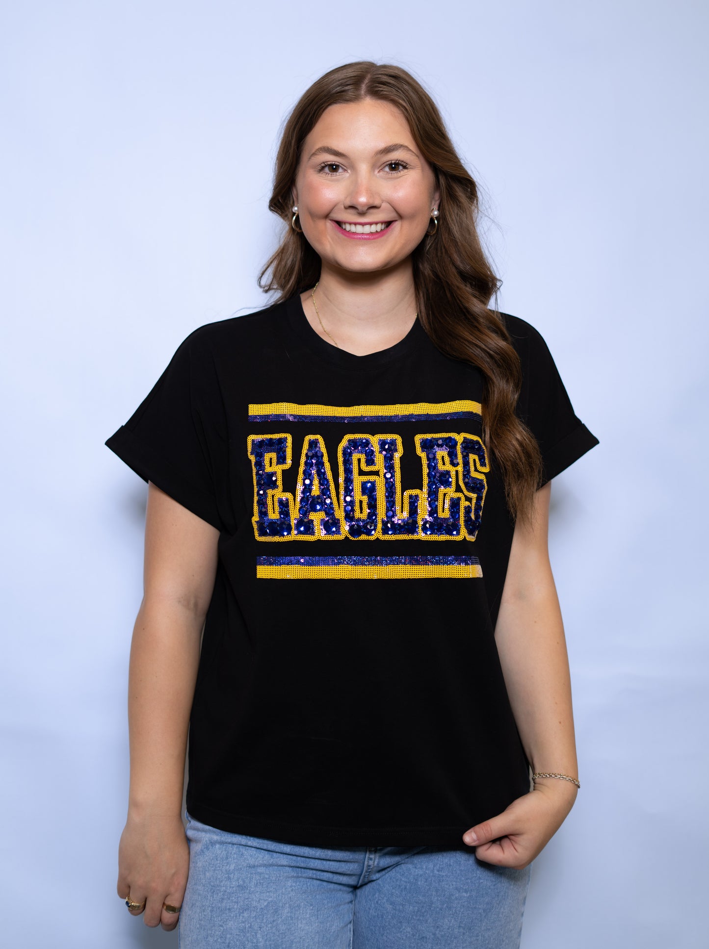 Jeweled Eagles | Women's Sequin + Jewel Design Cuff Sleeve Tee (Black)