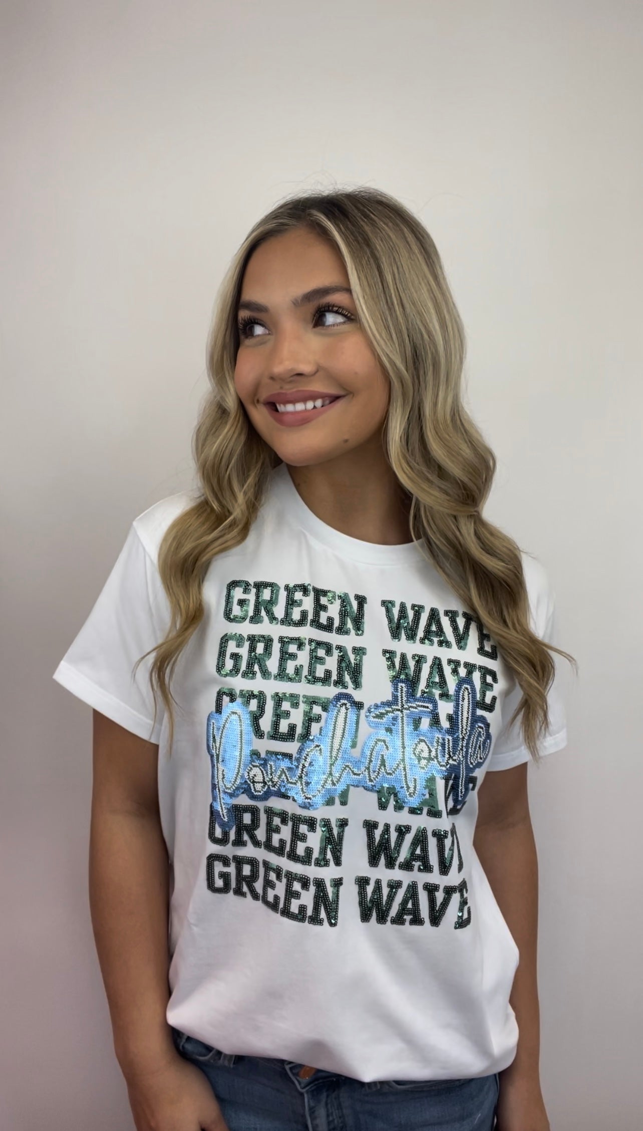 Ponchatoula Green Wave | Women's Sequin Design Tee (White)