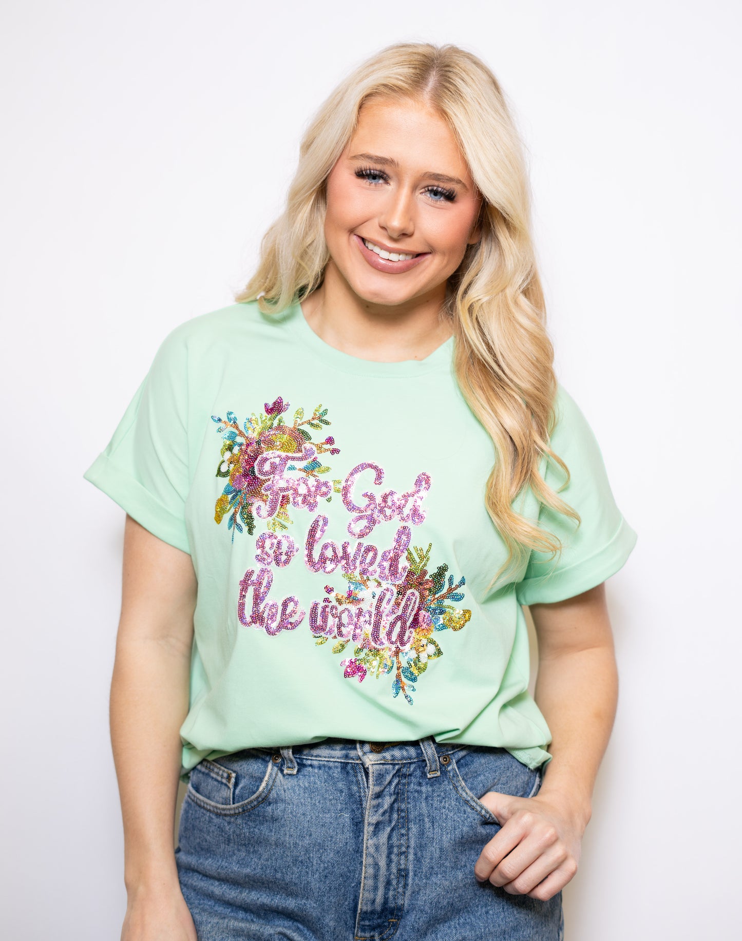 Wholesale | For God So Loved The World | Women's Sequin Design Cuff Sleeve (Mint)