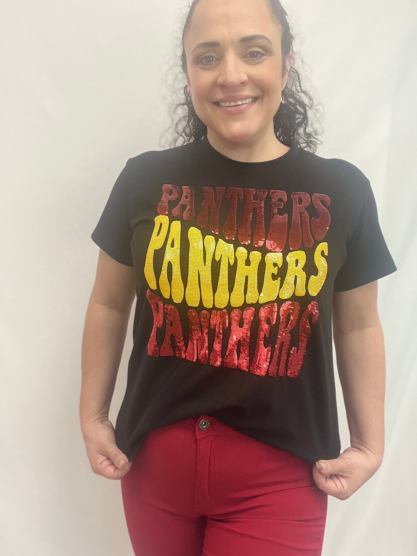 PRE-ORDER ONLY | Groovy Panthers (Brusly) | Women's Sequin Design Tee (Black)