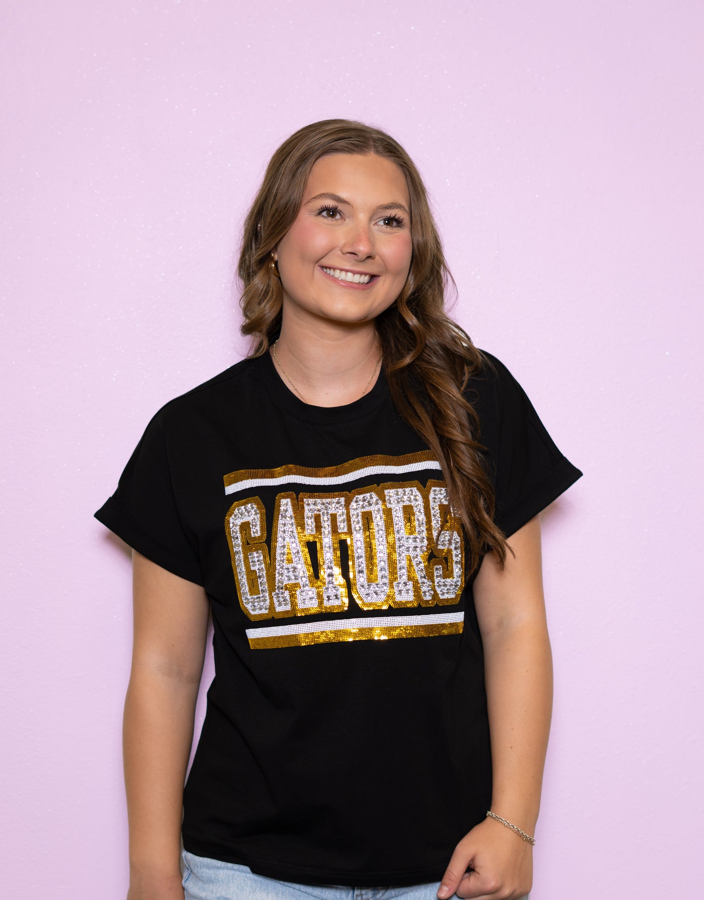**PRE-ORDER ONLY** Jeweled Gators | Women's Sequin + Jewel Design Cuff Sleeve Tee (Black)