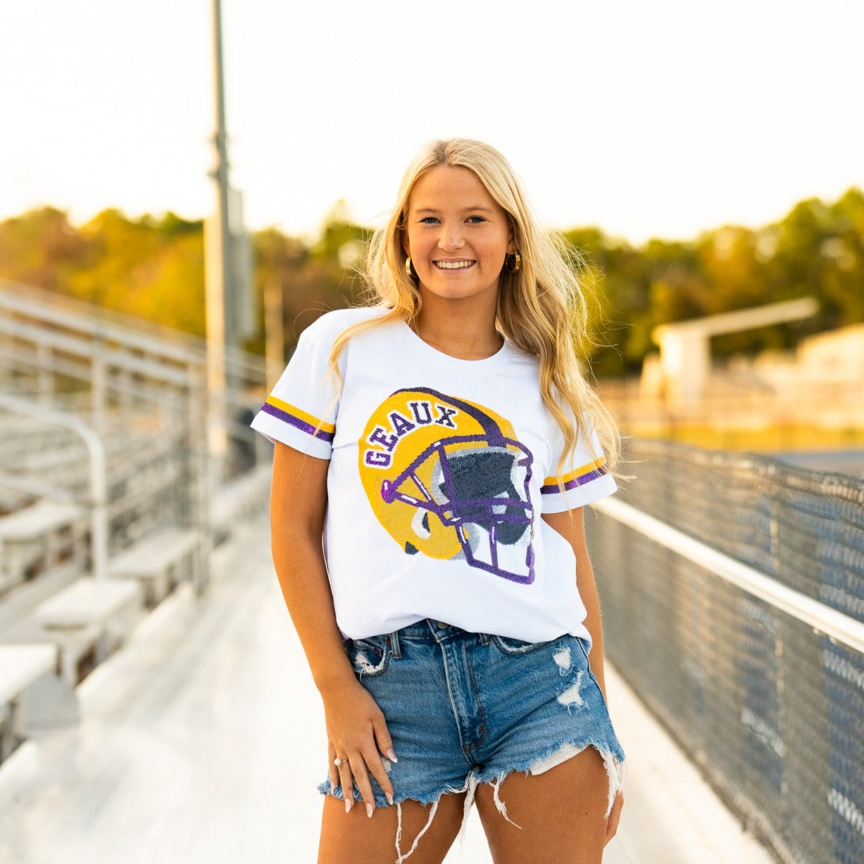 Geaux Helmet | Women's Sequin Design Tee (White)