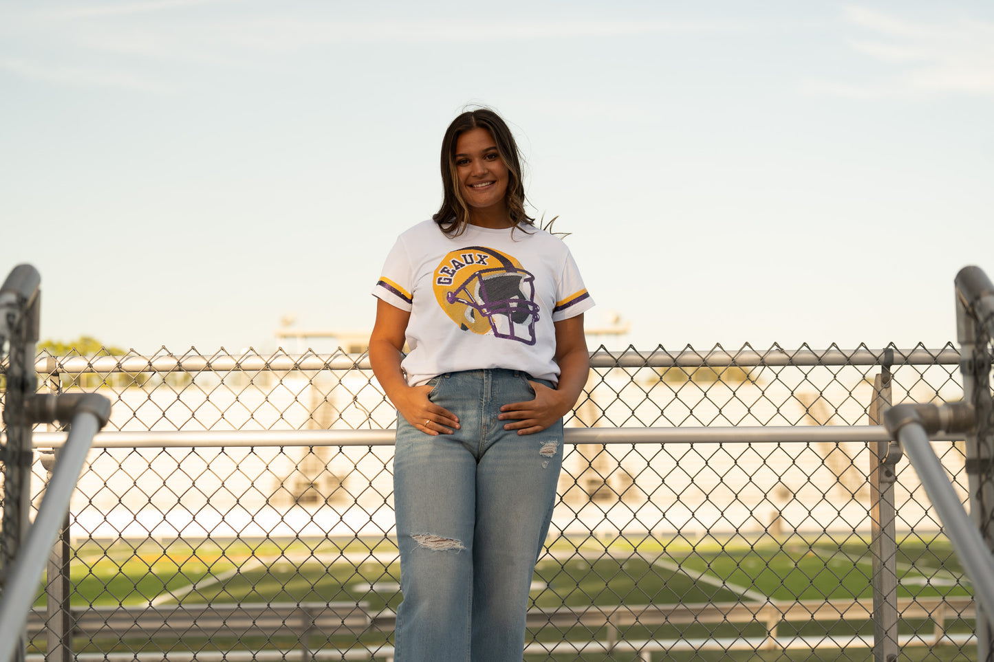 Geaux Helmet | Women's Sequin Design Tee (White)