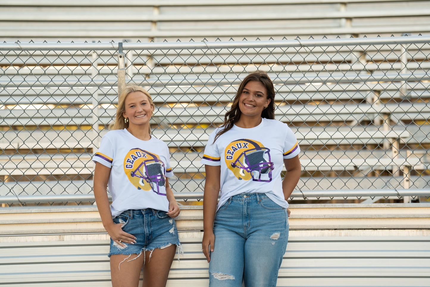 Geaux Helmet | Women's Sequin Design Tee (White)