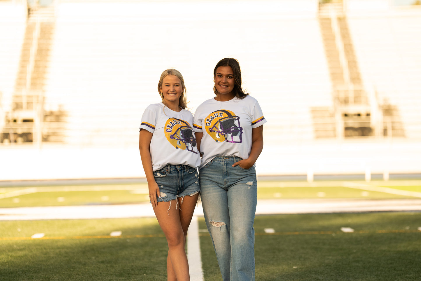 Geaux Helmet | Women's Sequin Design Tee (White)