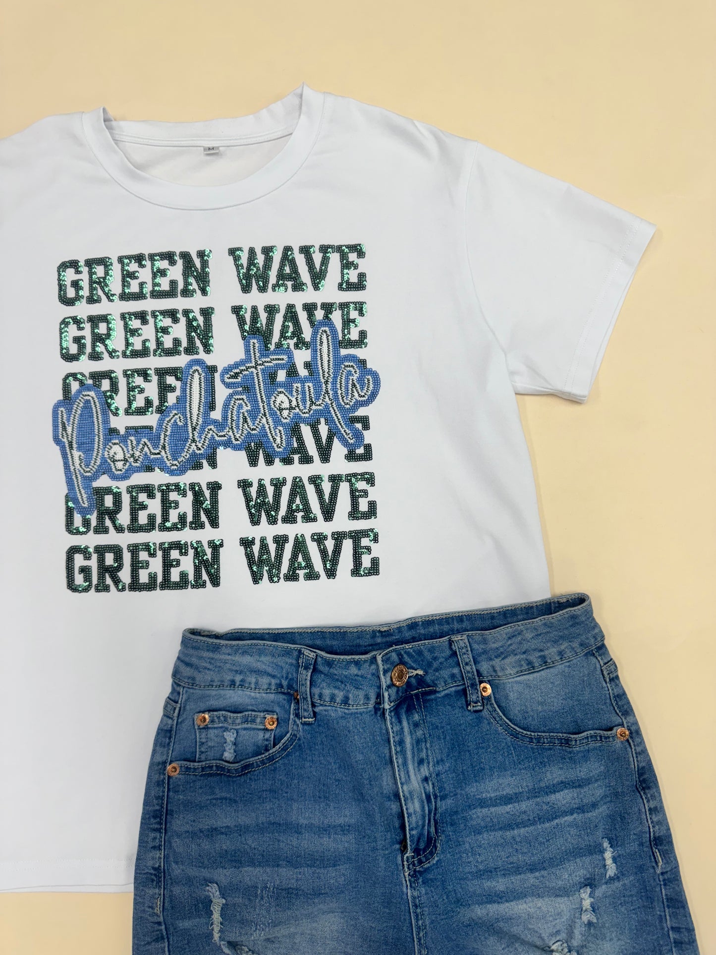 Ponchatoula Green Wave | Women's Sequin Design Tee (White)