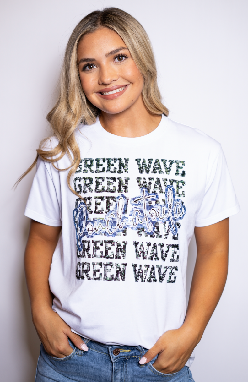 Ponchatoula Green Wave | Women's Sequin Design Tee (White)