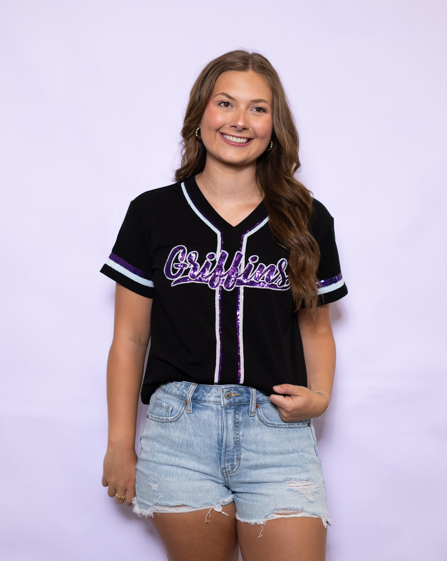 **PRE-ORDER ONLY** Dutchtown Griffins | Women's Sequin Design Baseball Jersey Tee (Black)