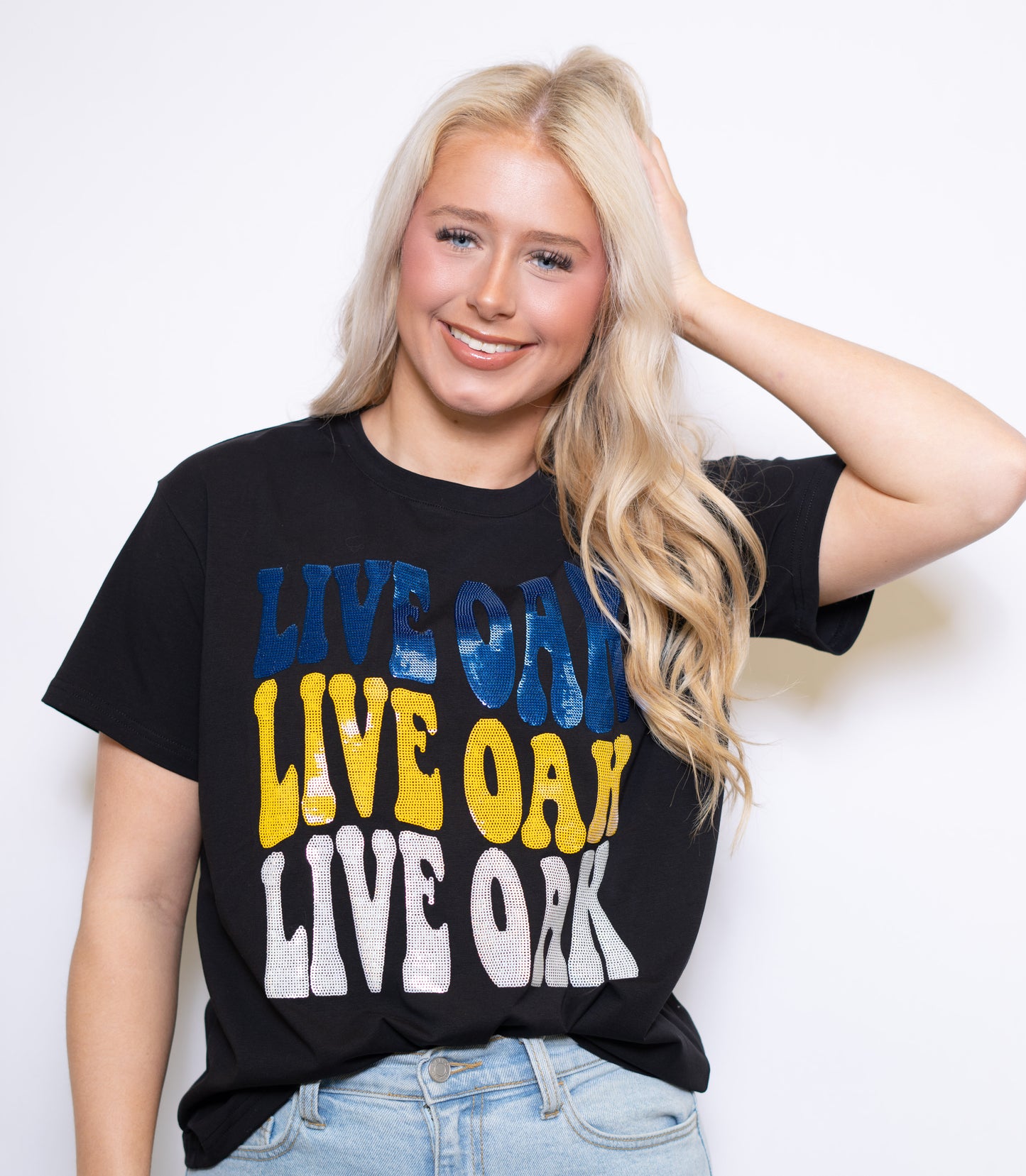 Groovy Live Oak | Women's Sequin Design Tee (Black)