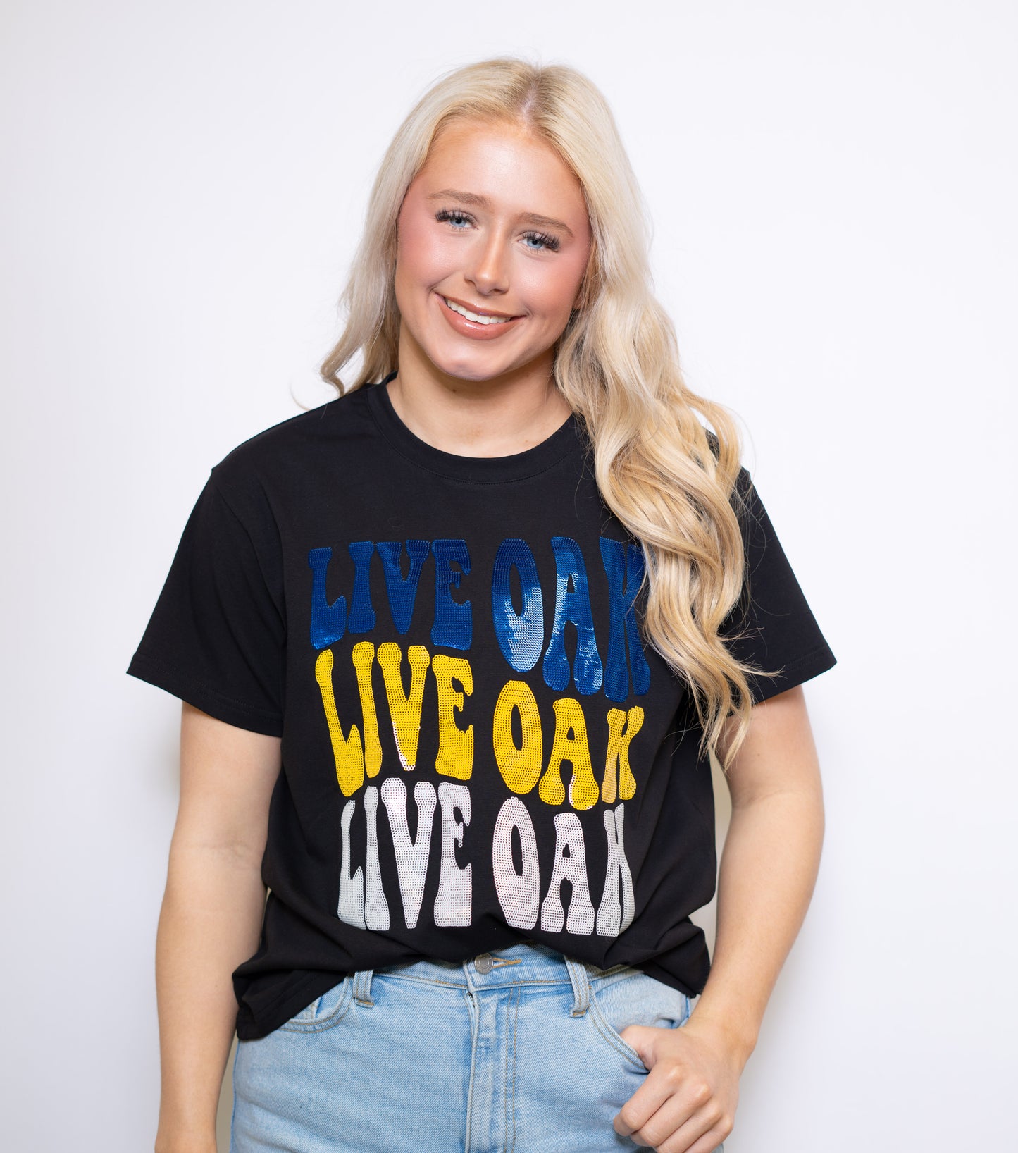 Groovy Live Oak | Women's Sequin Design Tee (Black)