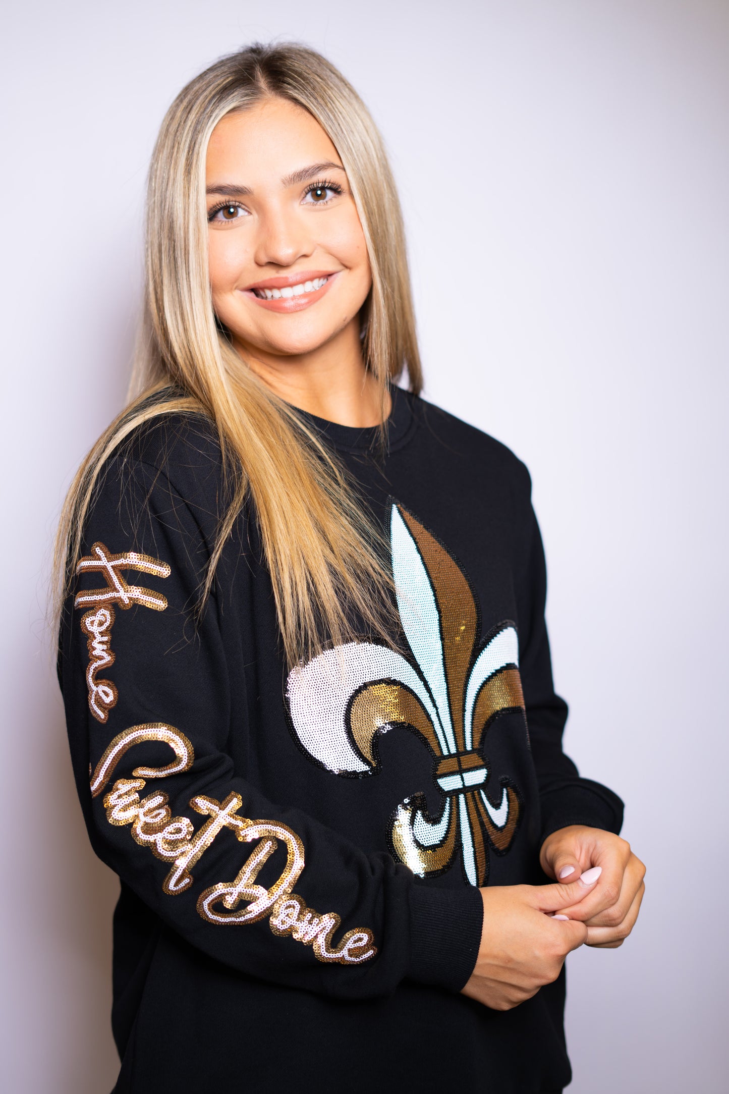 Saints Home Sweet Dome | Women's Sequin Design Fleece Sweatshirt (Black)