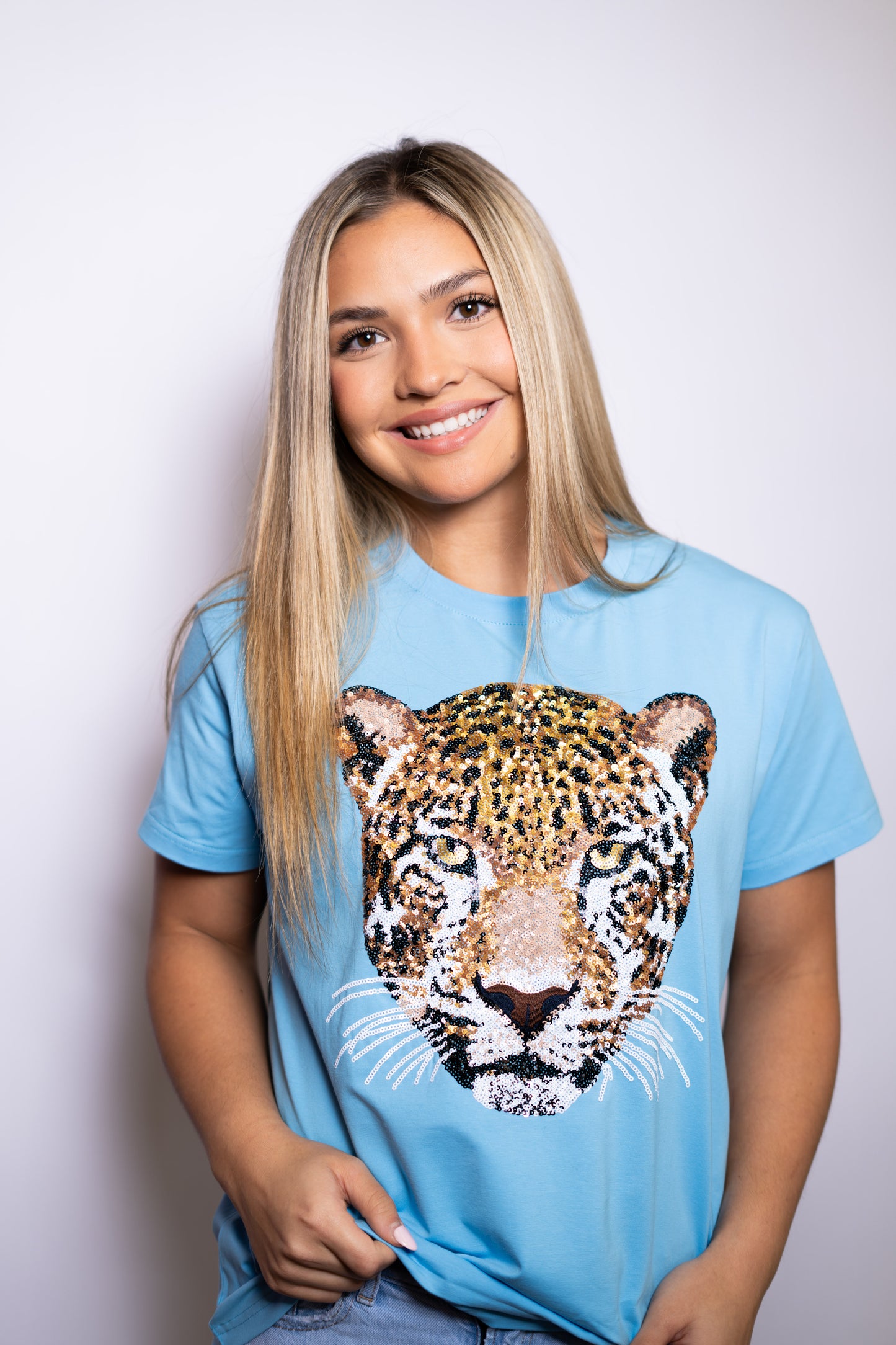 Jaguar Tee | Women's Sequin Design Tee (Blue)