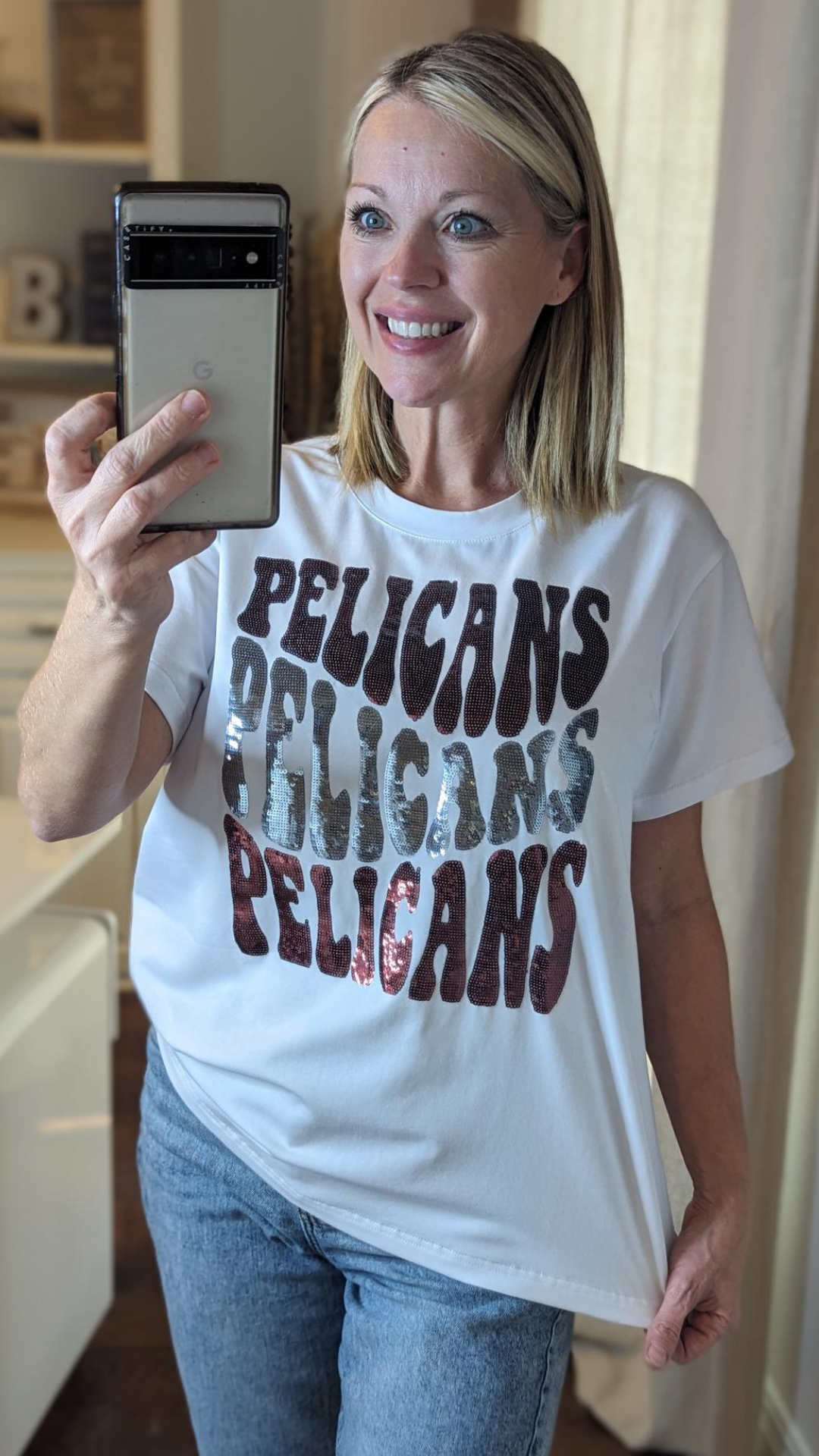 Groovy Pelicans | Women's Sequin Design Tee (White)