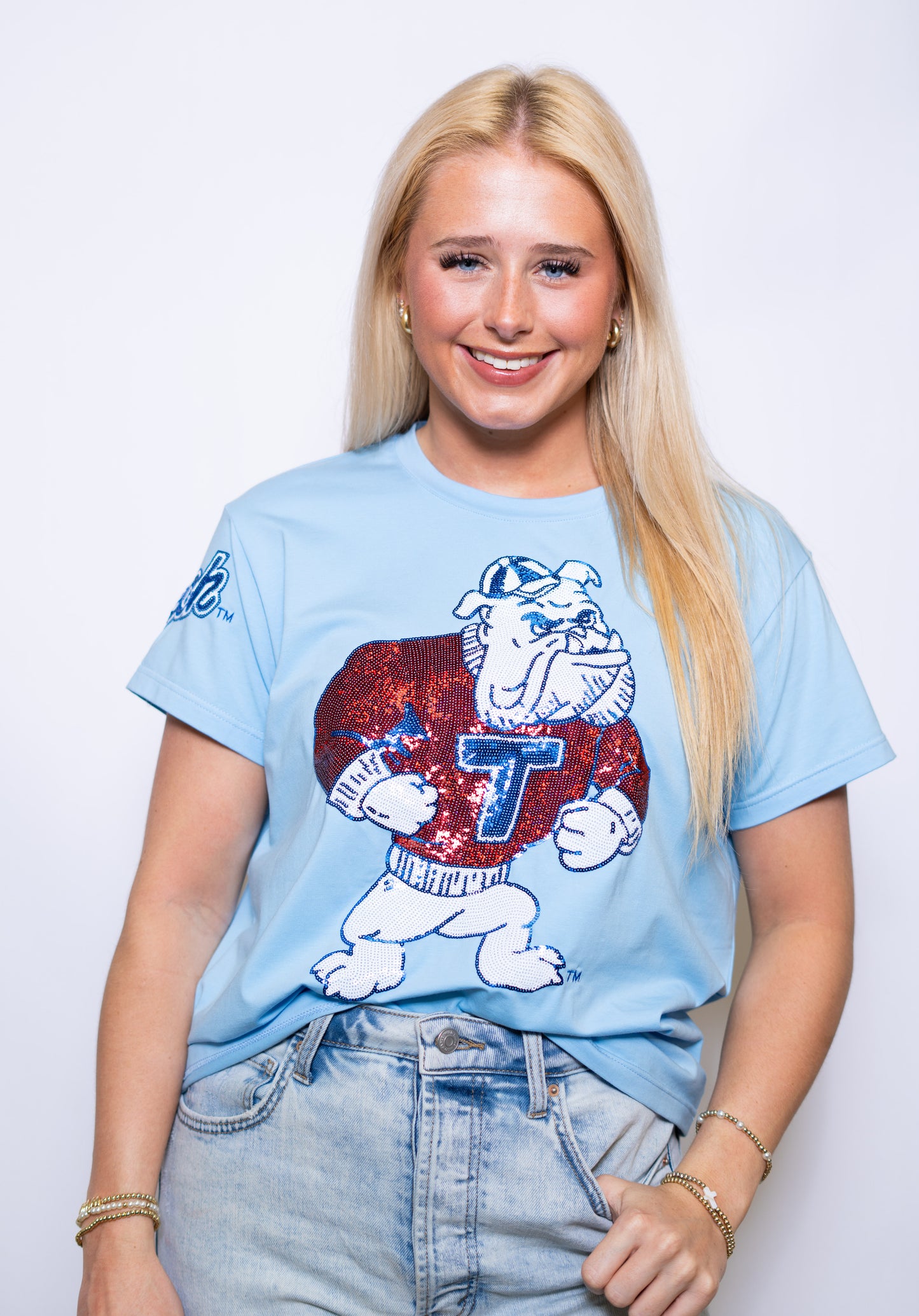 **PRE-ORDER ONLY** Vintage Louisiana Tech Bulldogs (Licensed) | Women's Sequin Design Tee (Blue)
