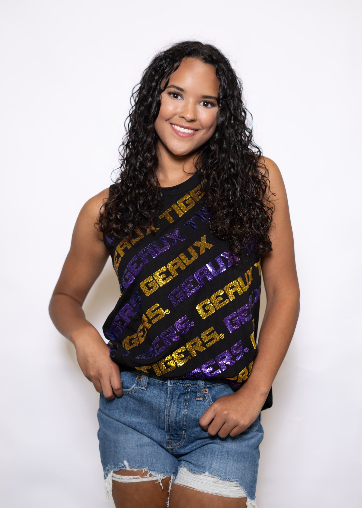 **PRE-ORDER ONLY** LSU Geaux Tigers Varsity Block (LICENSED) | Women's Sequin Design Tank (Black)