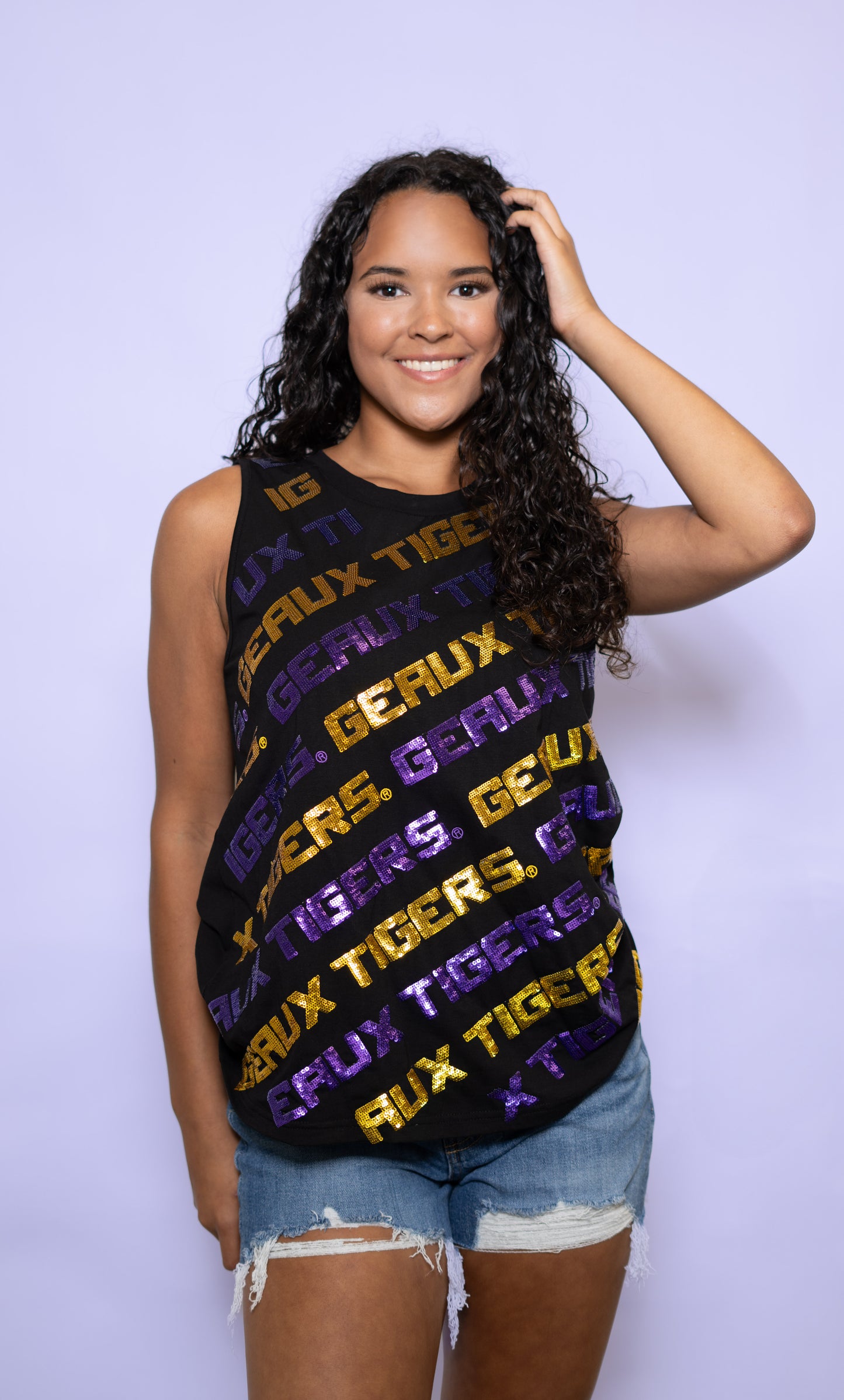 **PRE-ORDER ONLY** LSU Geaux Tigers Varsity Block (LICENSED) | Women's Sequin Design Tank (Black)